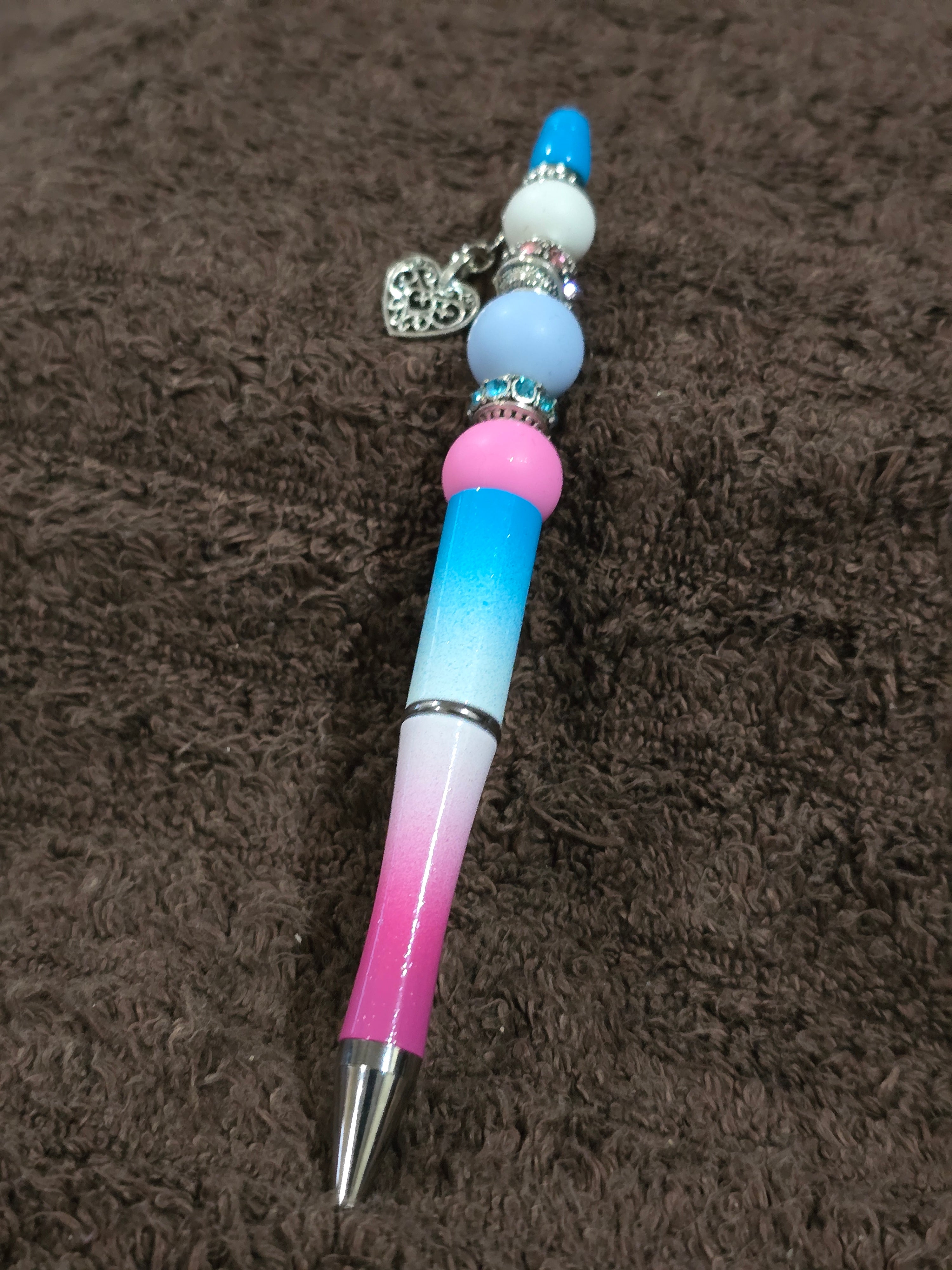 #13 Beaded "Blue, Pink & White w/Silver Heart" Ink Pen