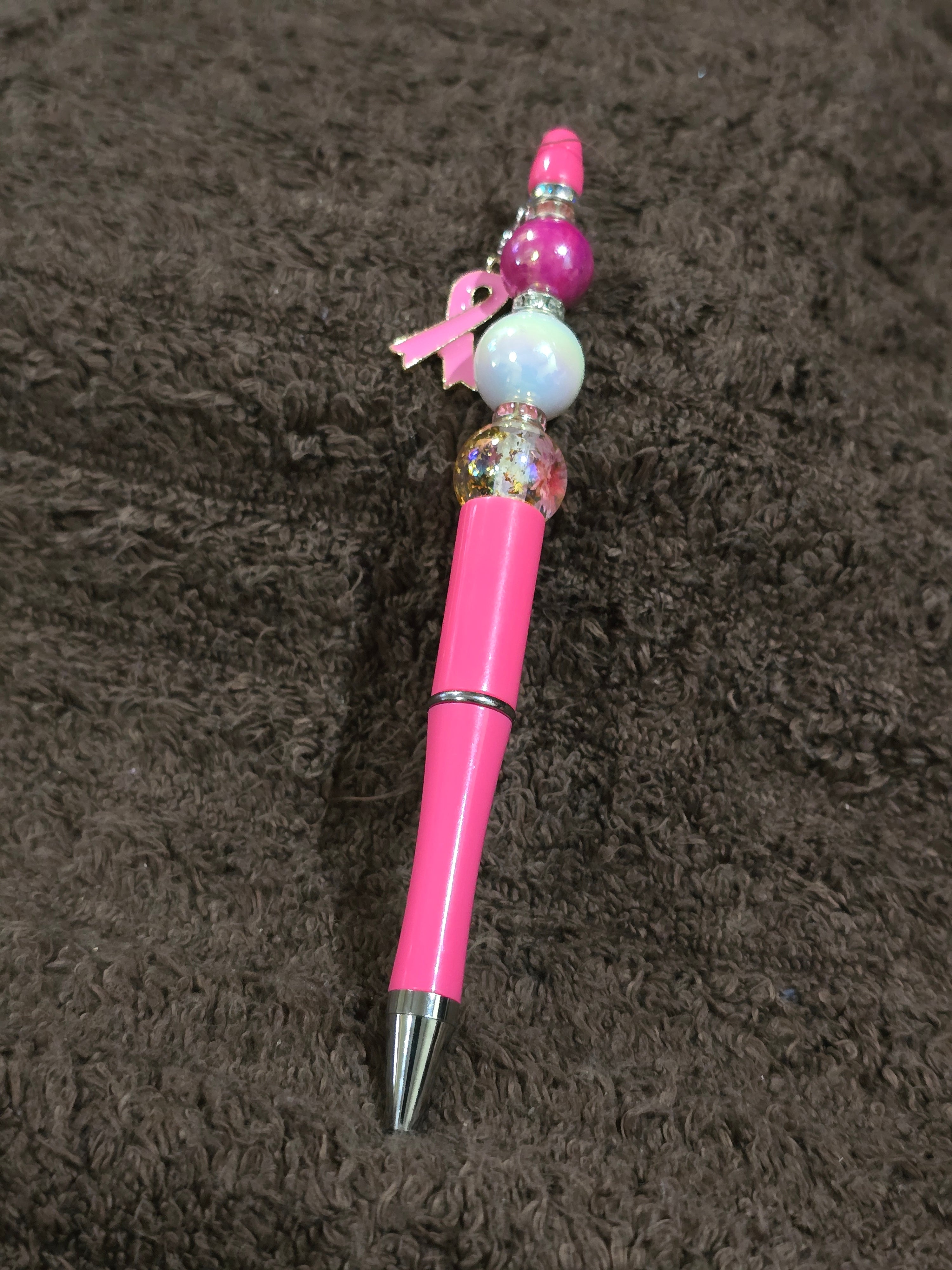 #33 Beaded "Pink & White w/Breast Cancer Charm" Ink Pen