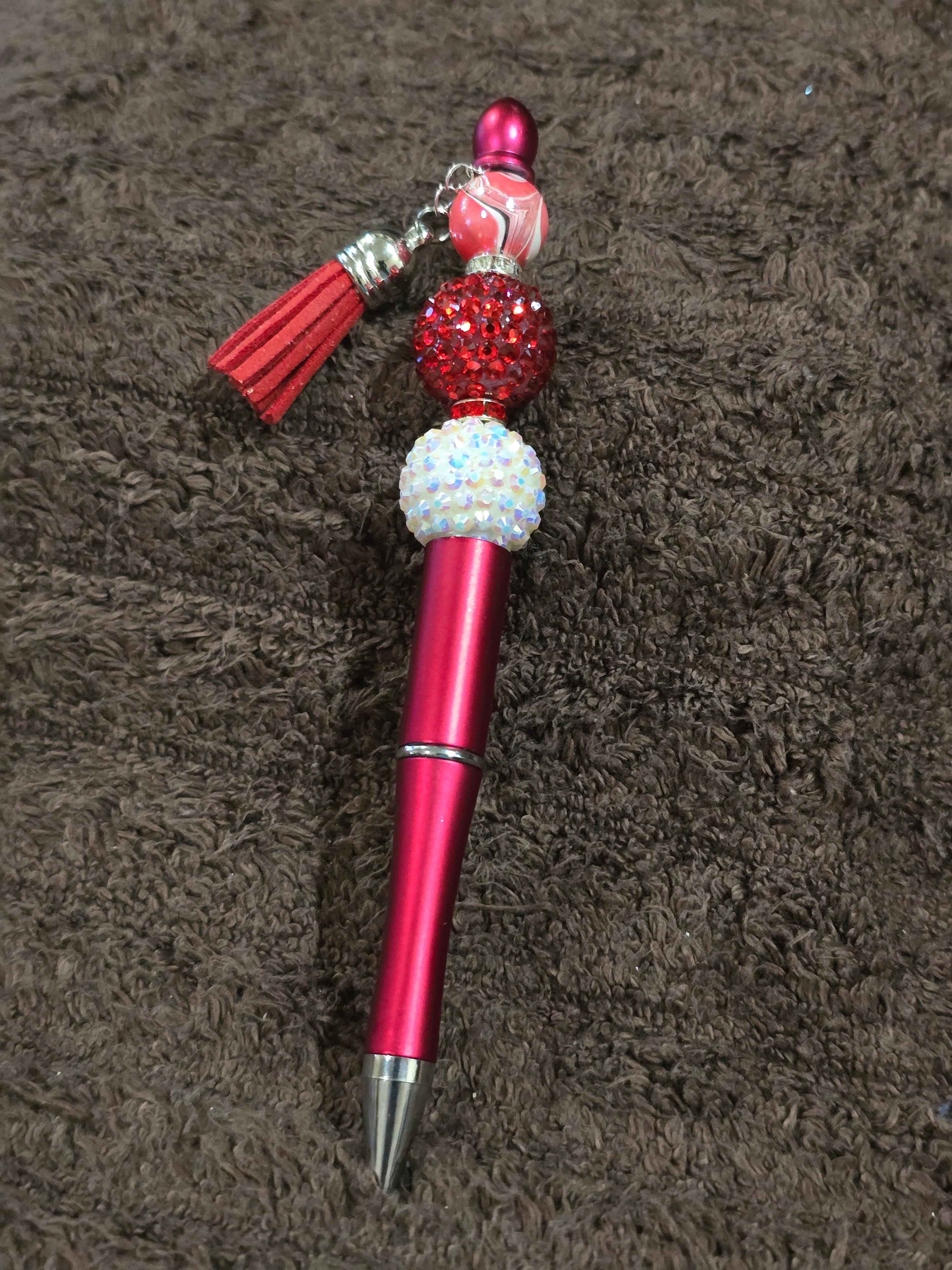 #43 Beaded "Red & White Swirl w/Tassel" Ink Pen