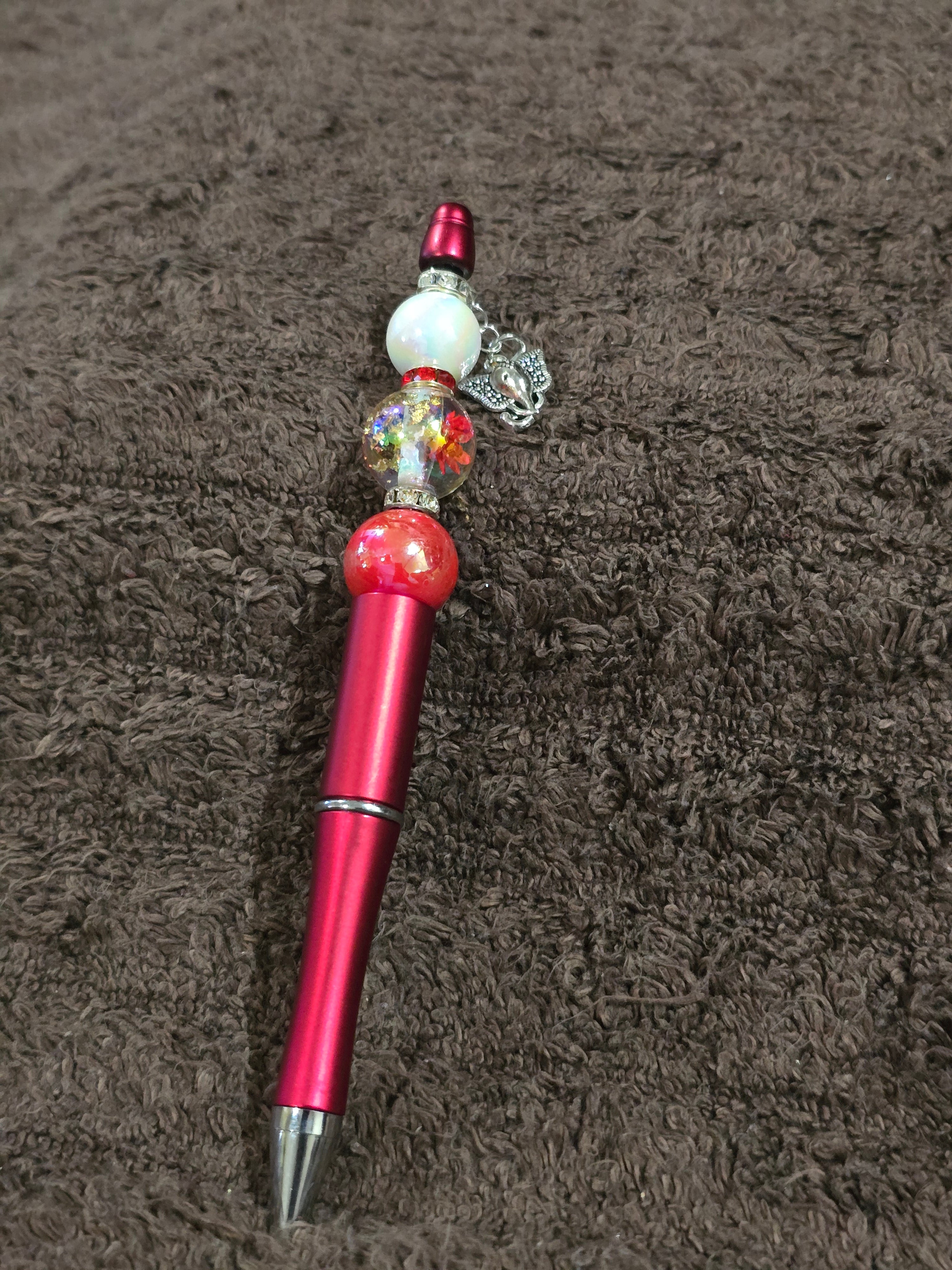 #44 Beaded "Red, White & Clear w/Elephant Charm" Ink Pen