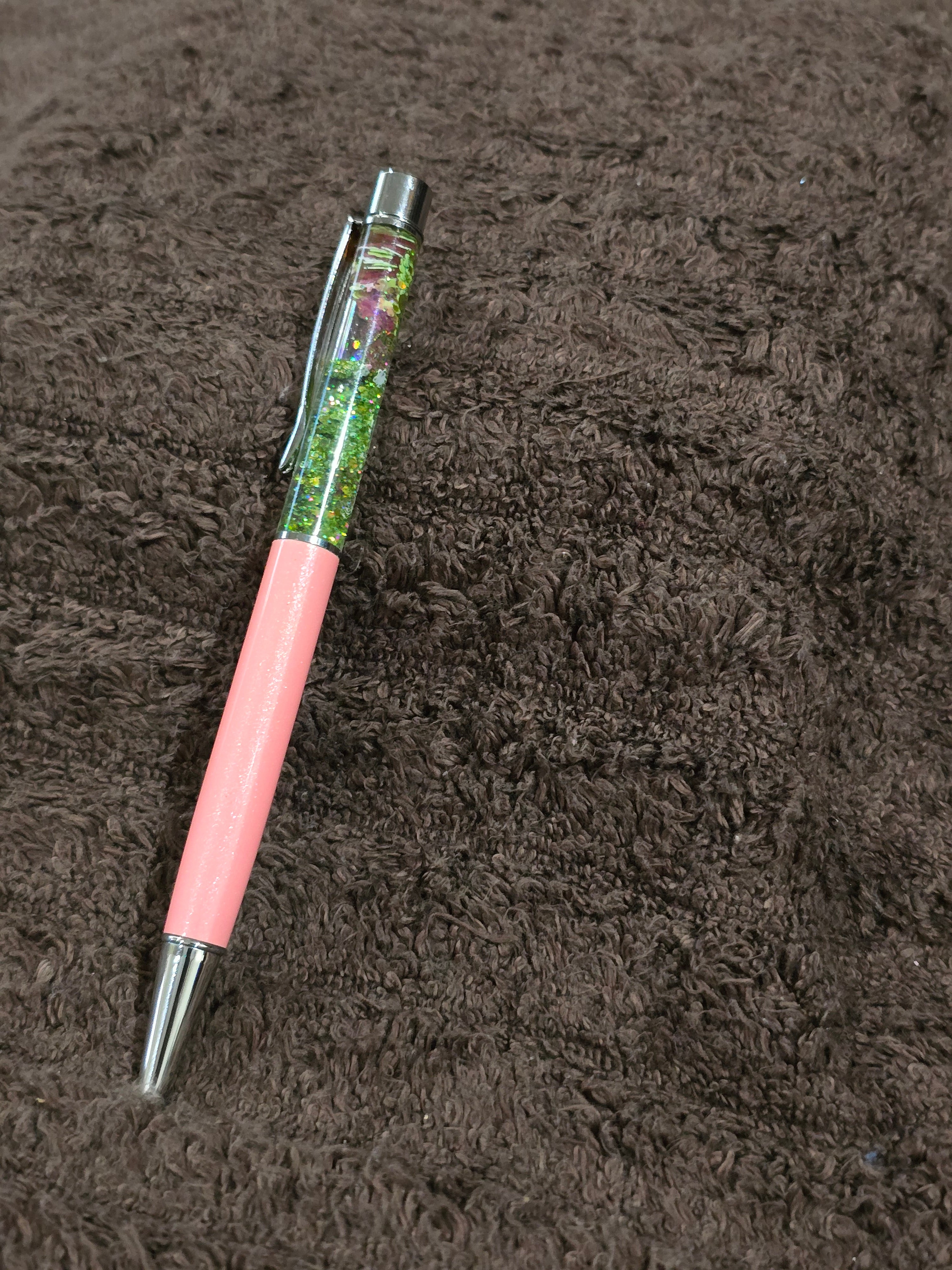 #8 "Light Pink & Lime Green Glitter" Snow Globe Ink Pen
