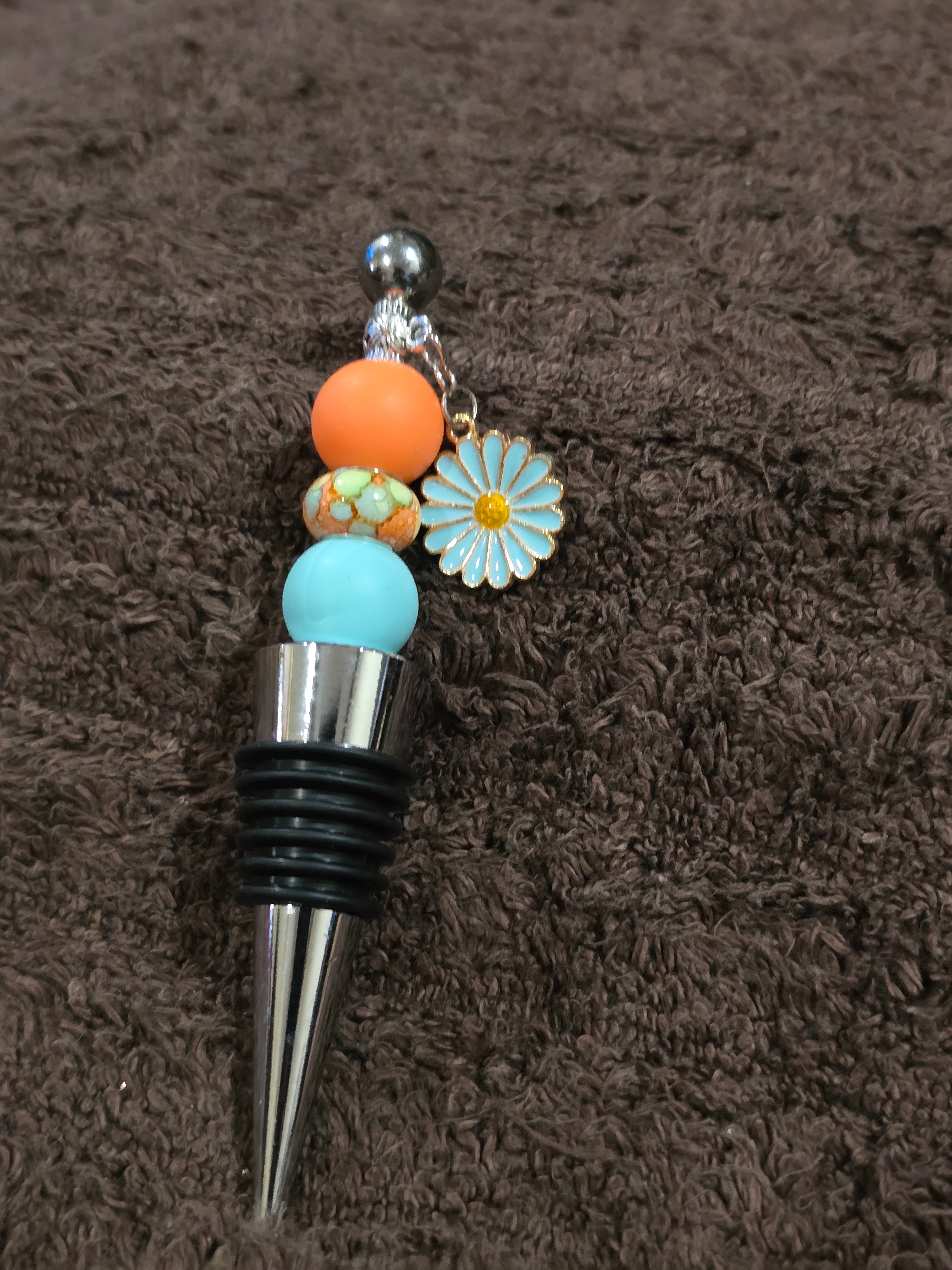 #06 Beaded "Orange & Turquoise Daisy" Wine Stopper