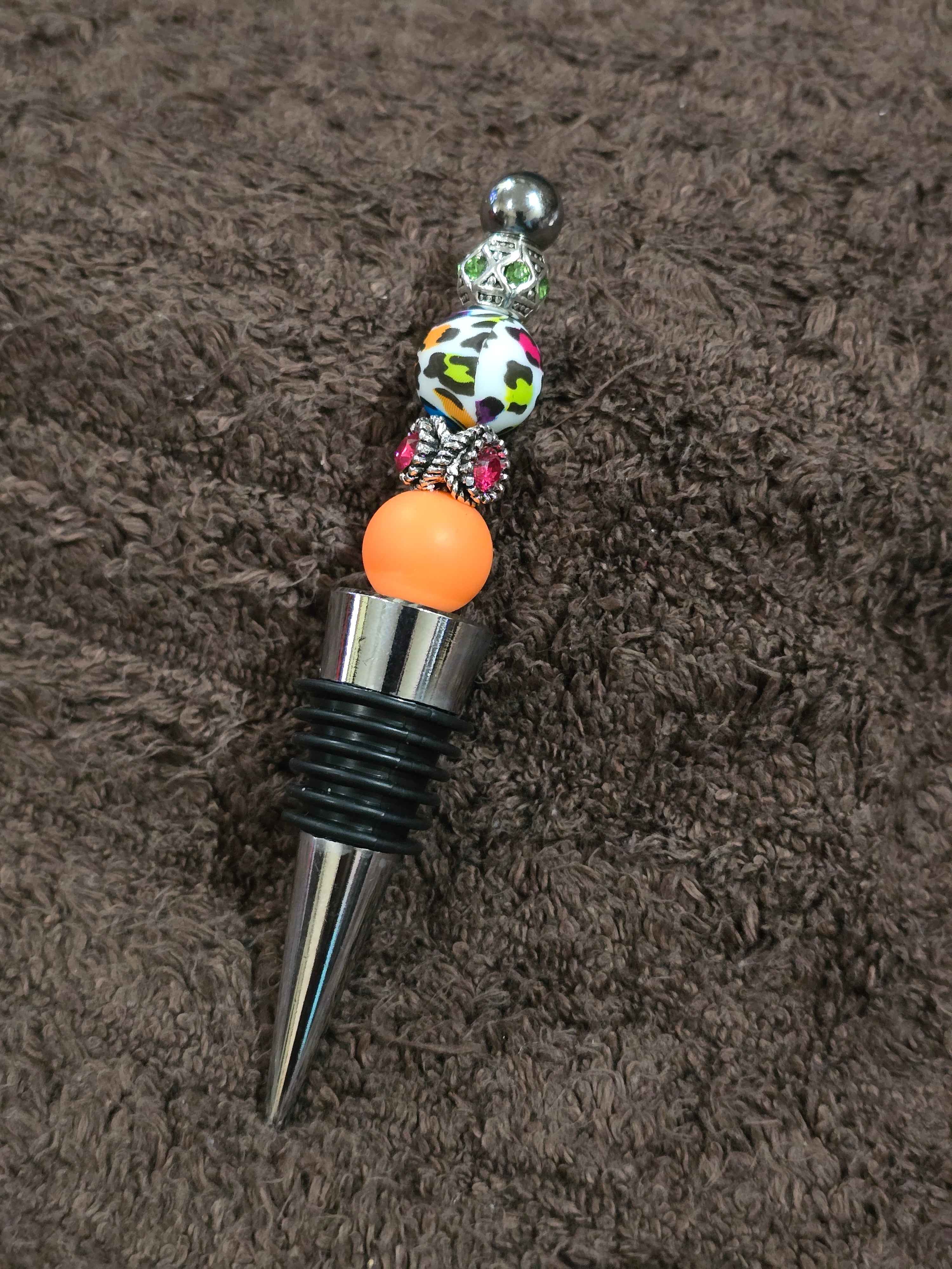 #08 Beaded "Orange, Hot Pink & White" Wine Stopper