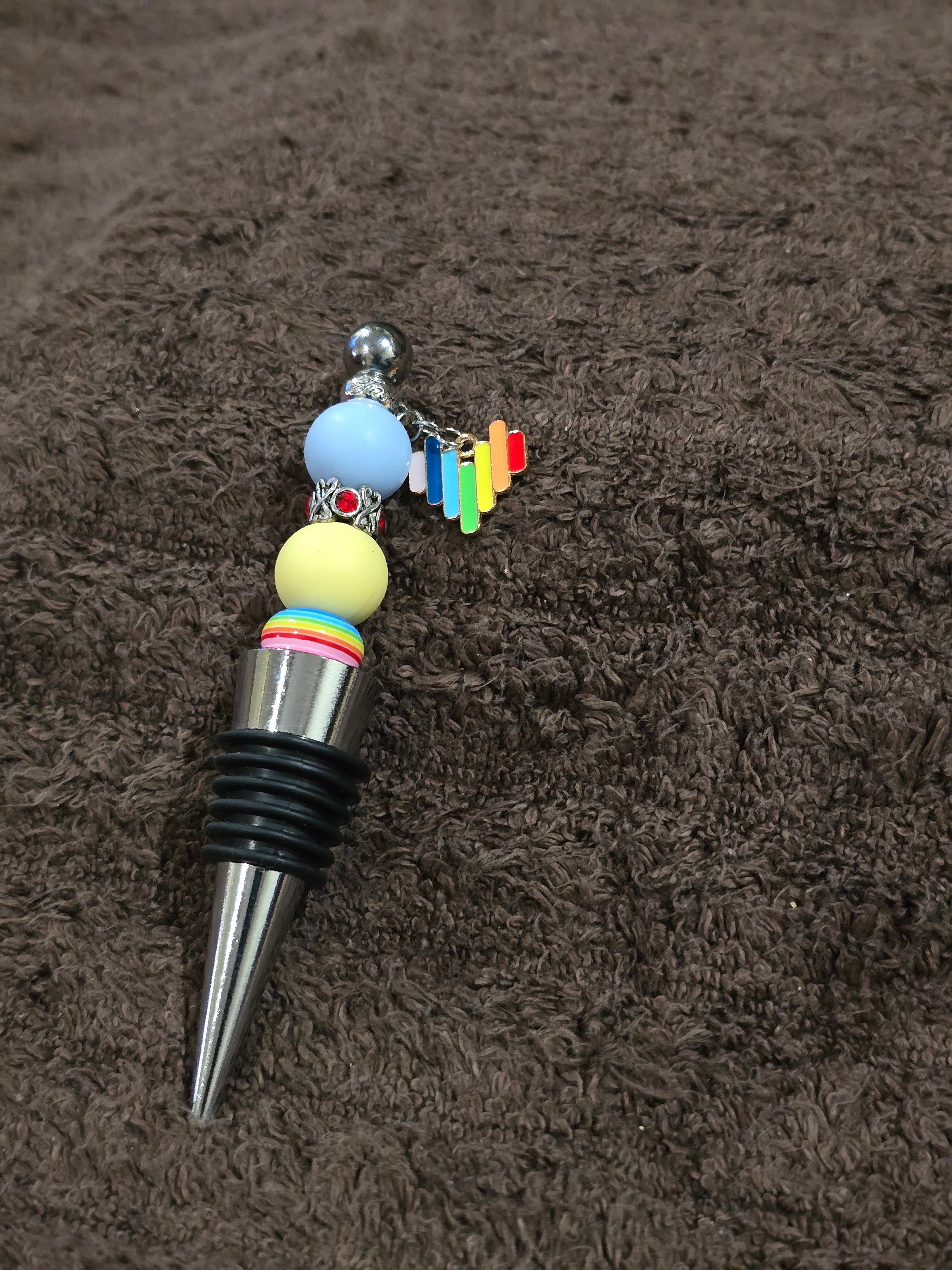 #11 Beaded "Light Blue and Yellow Pride Heart" Wine Stopper