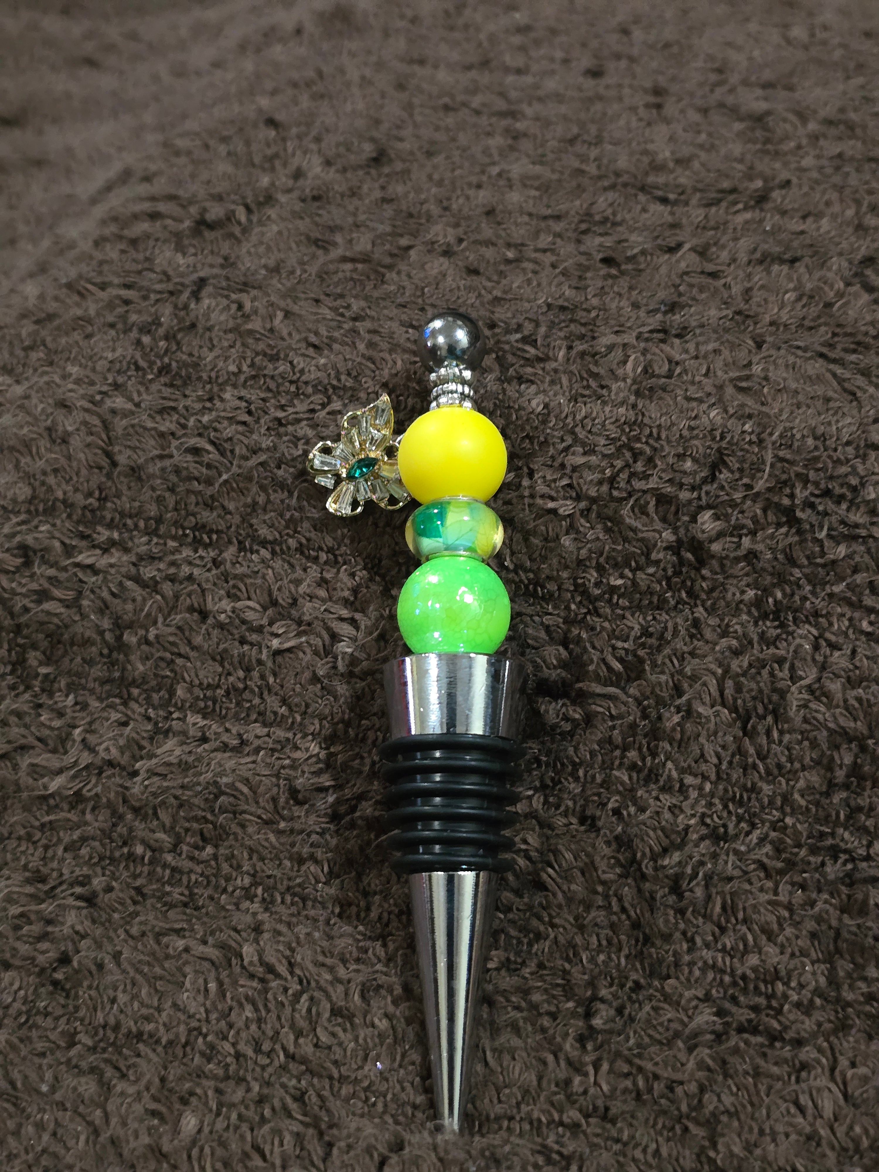#13 Beaded "Neon Green & Yellow Butterfly" Wine Stopper