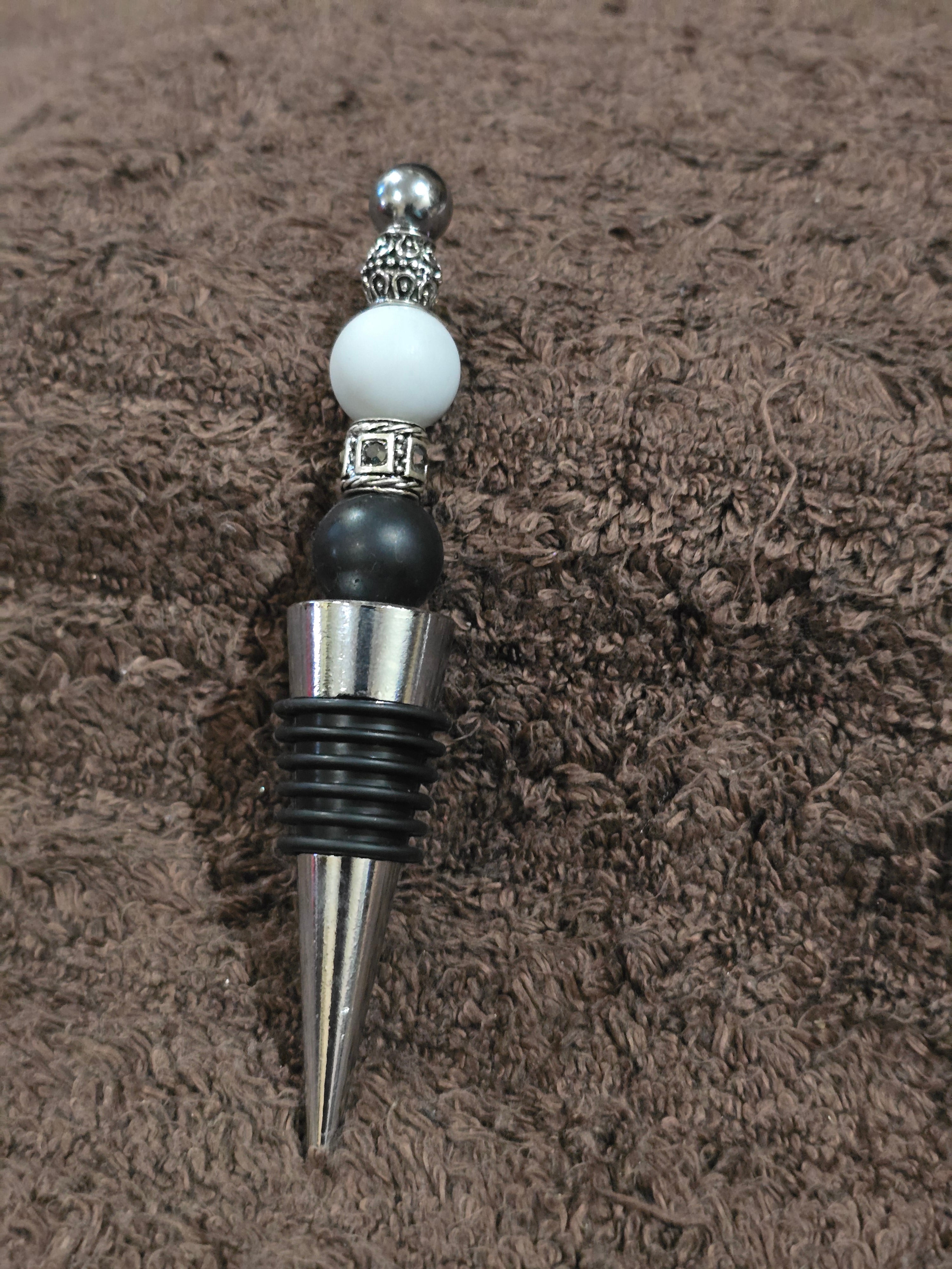 #20 Beaded "Black, White & Silver Bling" Wine Stopper