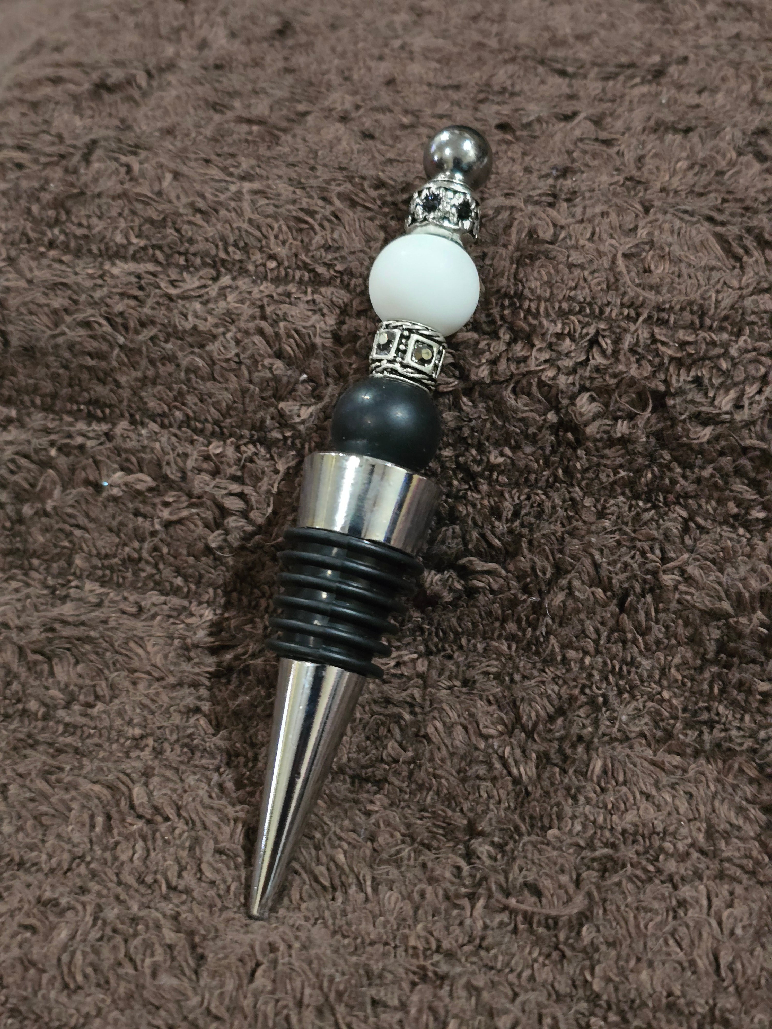 #23 Beaded "Sleek Black & White Jeweled" Wine Stopper