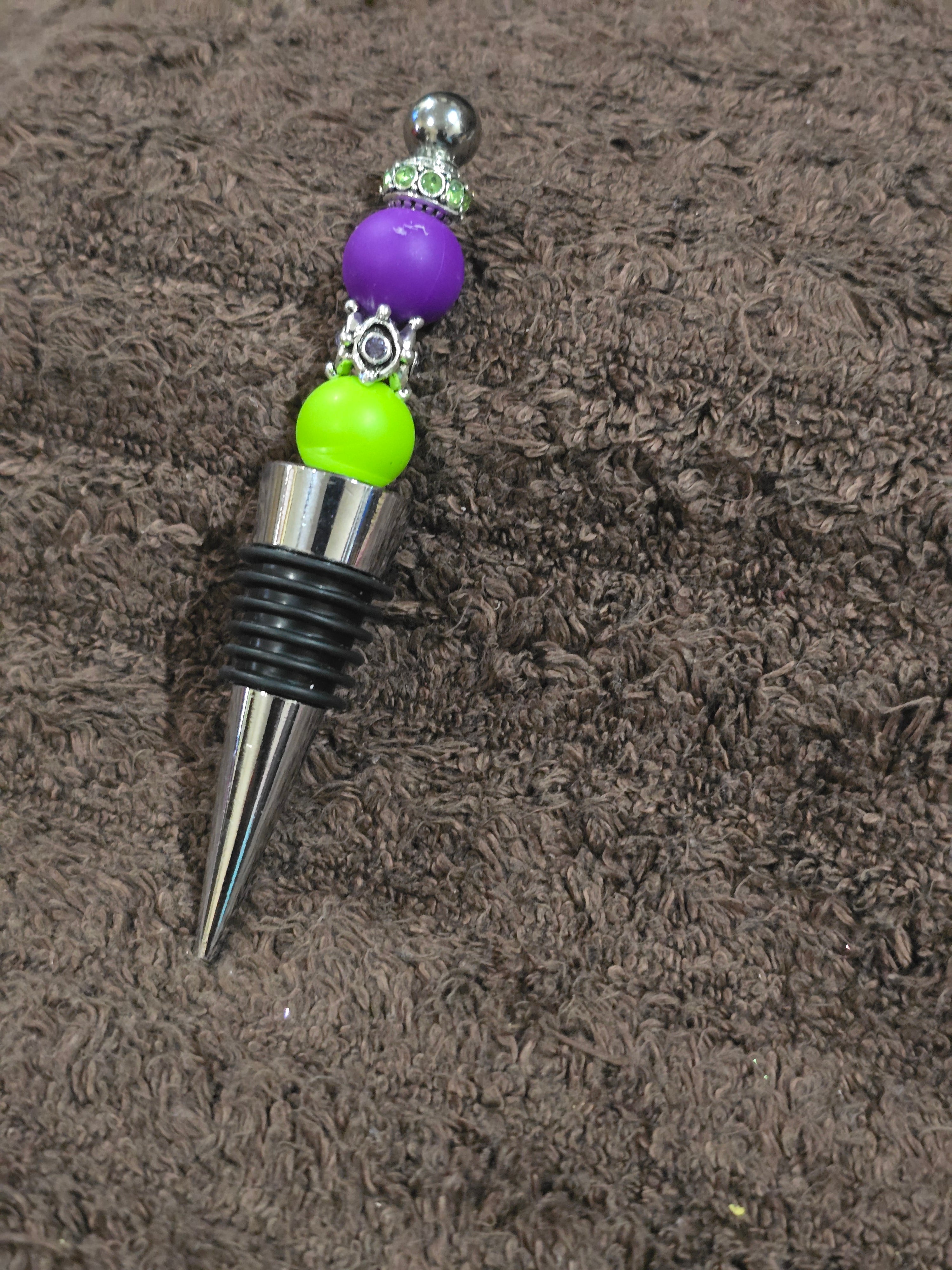 #26 Beaded "Purple & Lime Crown" Wine Stopper