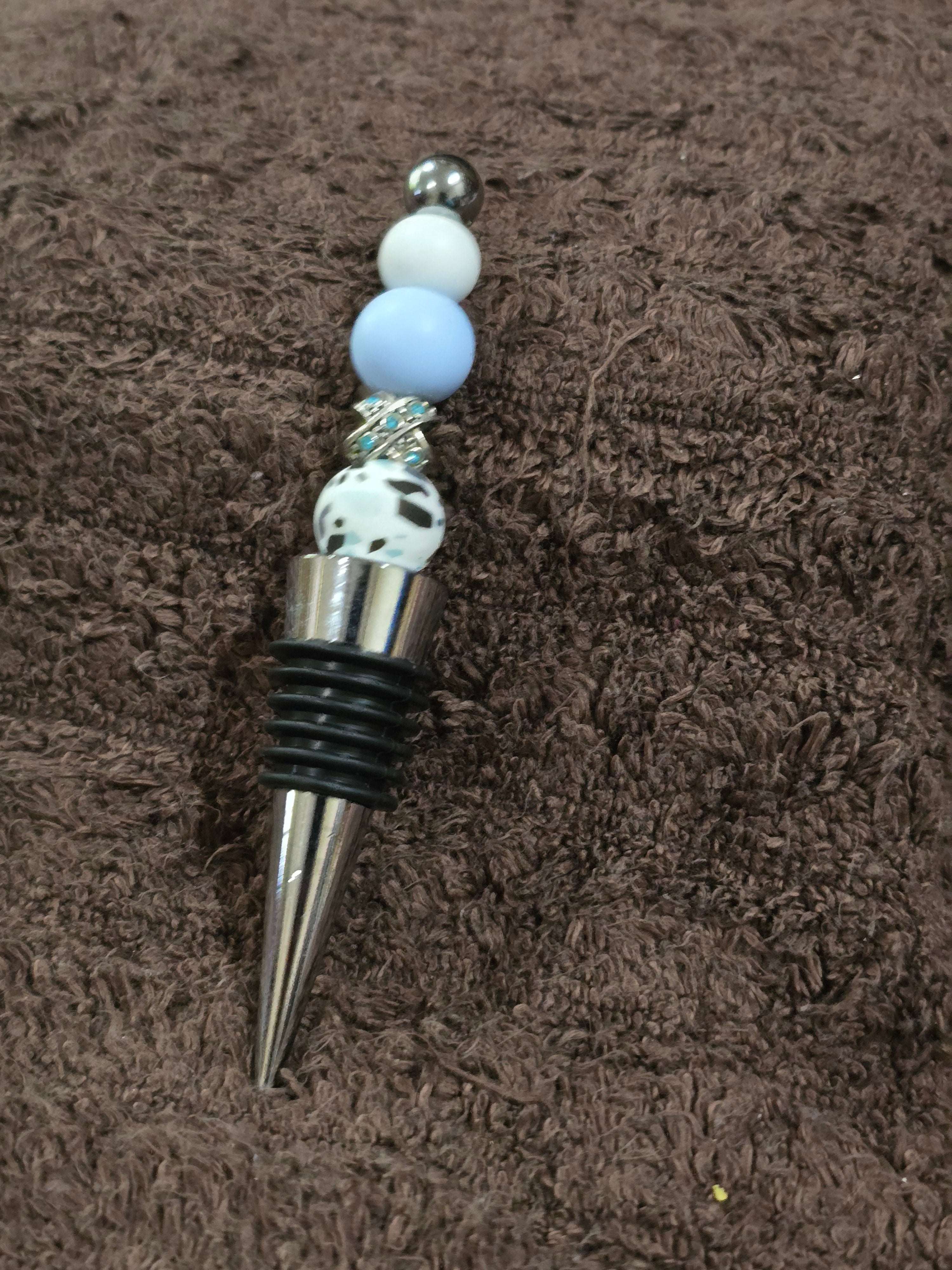 #34 Beaded "Light Blue & White Dalmatian-style" Wine Stopper