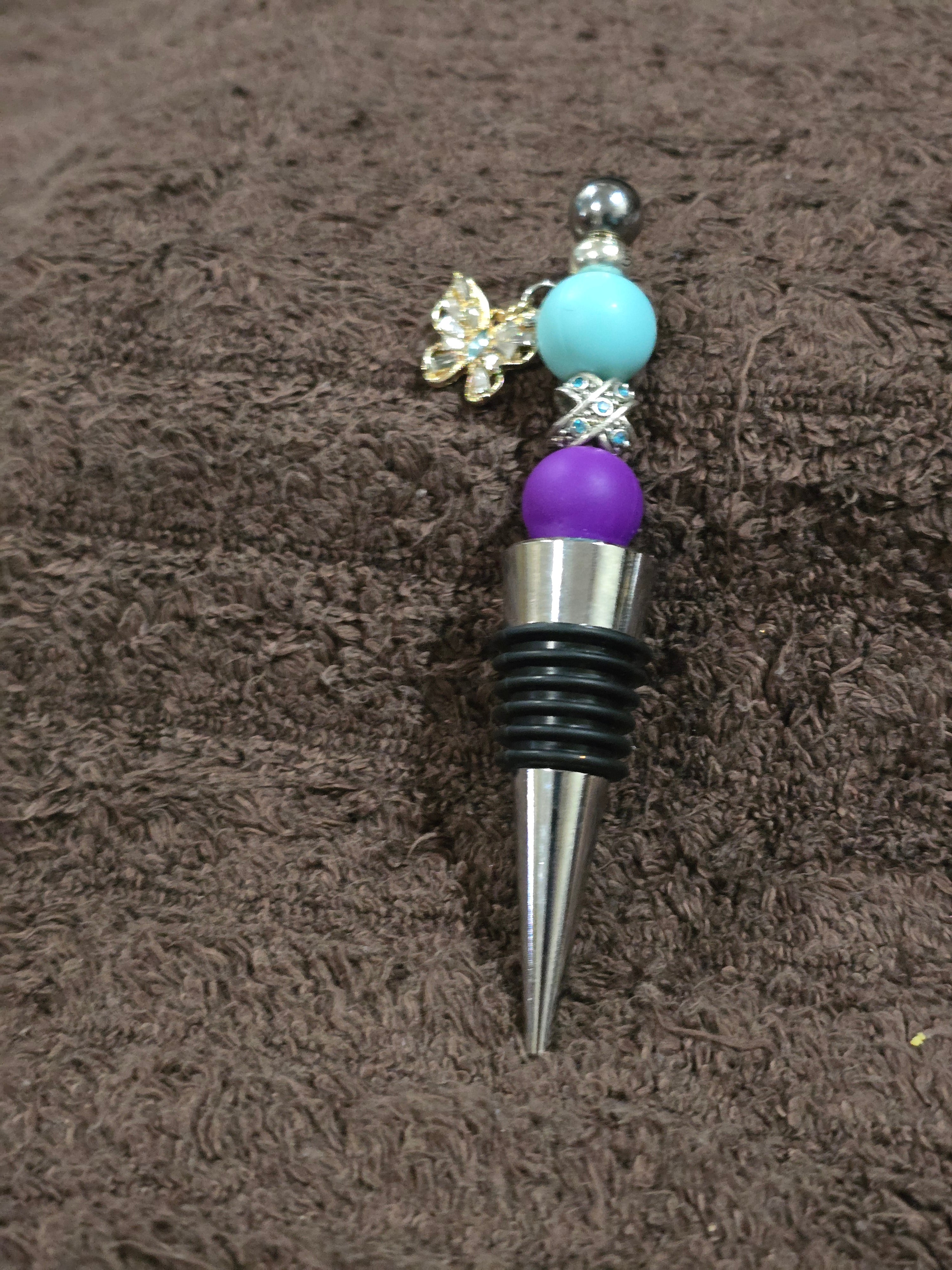 #35 Beaded "Turquoise & Purple Butterfly" Wine Stopper