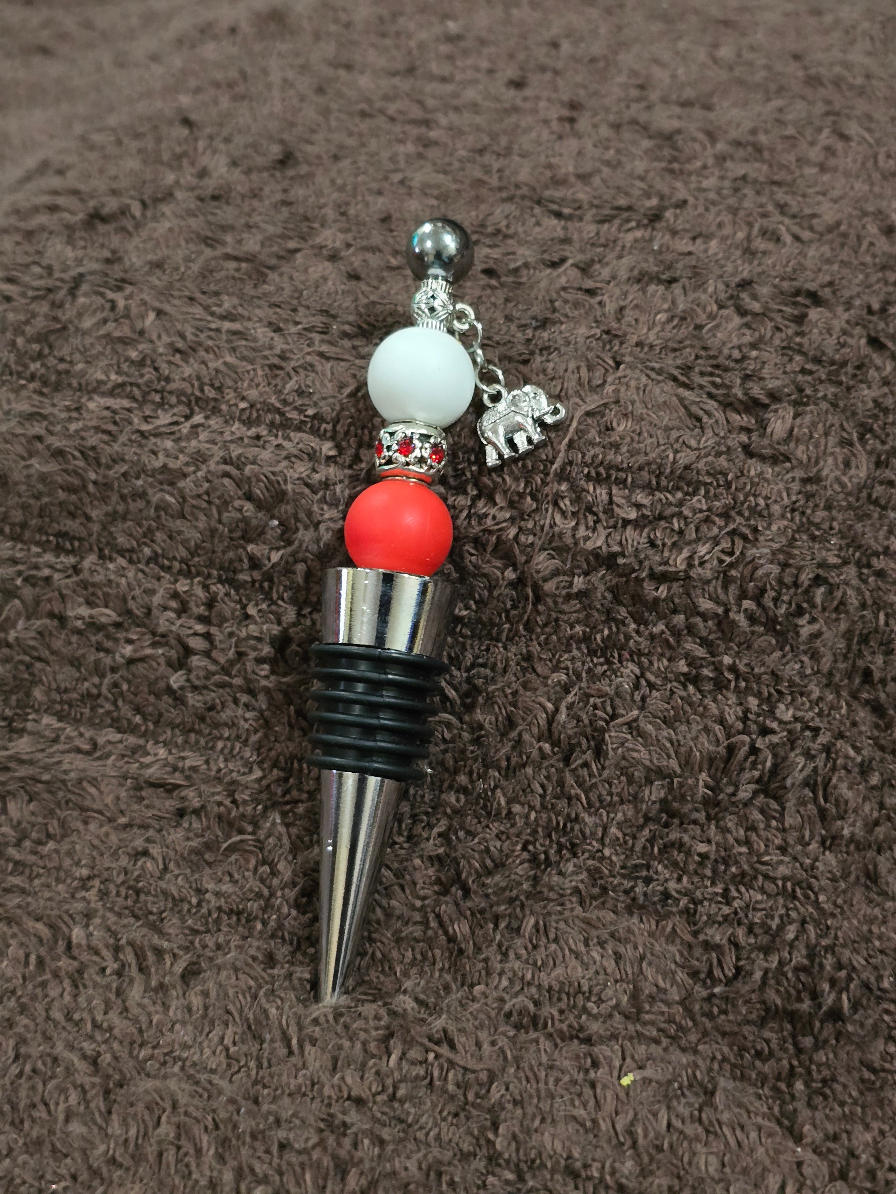 #37 Beaded "White & Red Elephant Charm" Wine Stopper