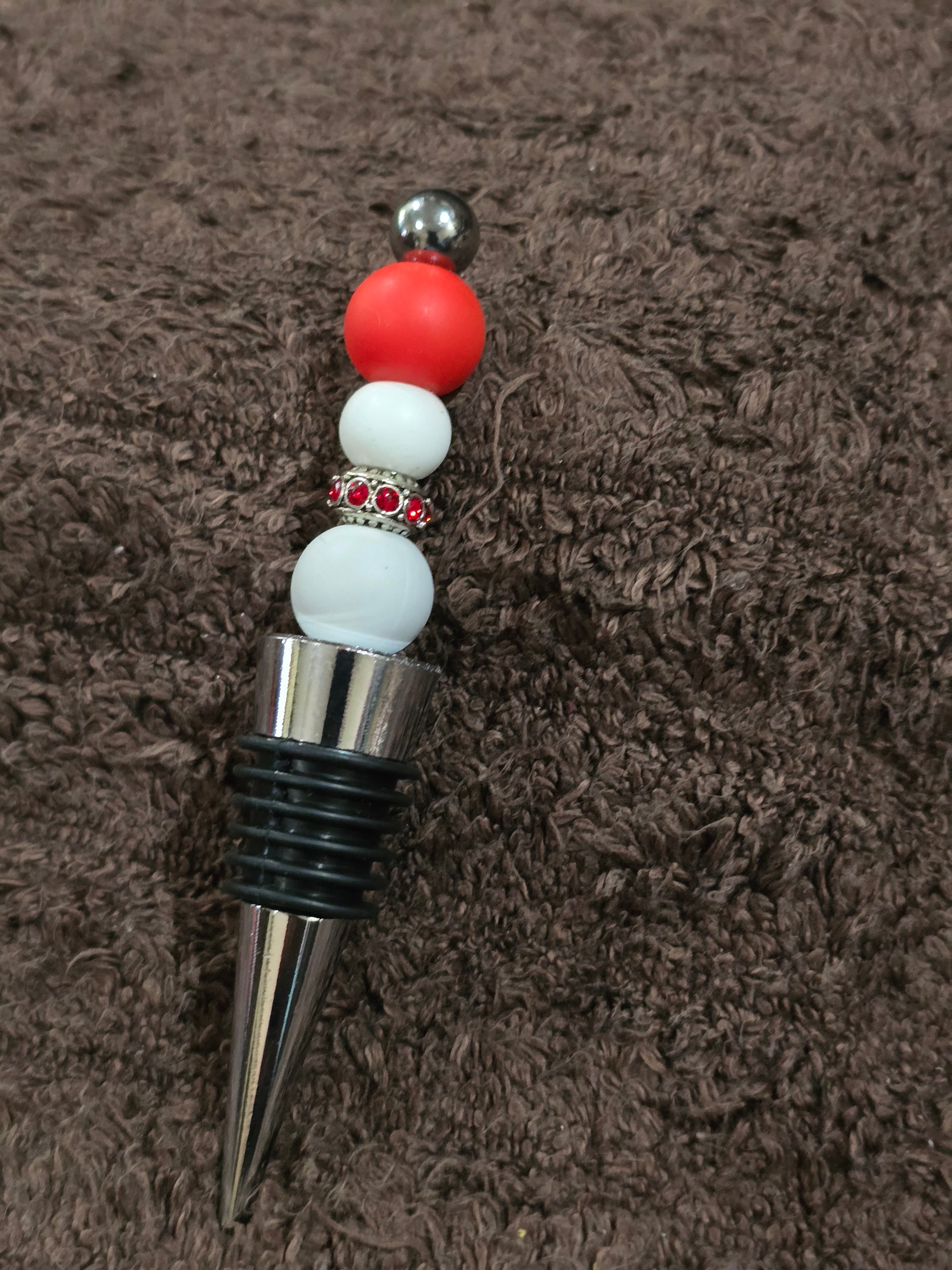 #38 Beaded "Red & White Jeweled" Wine Stopper