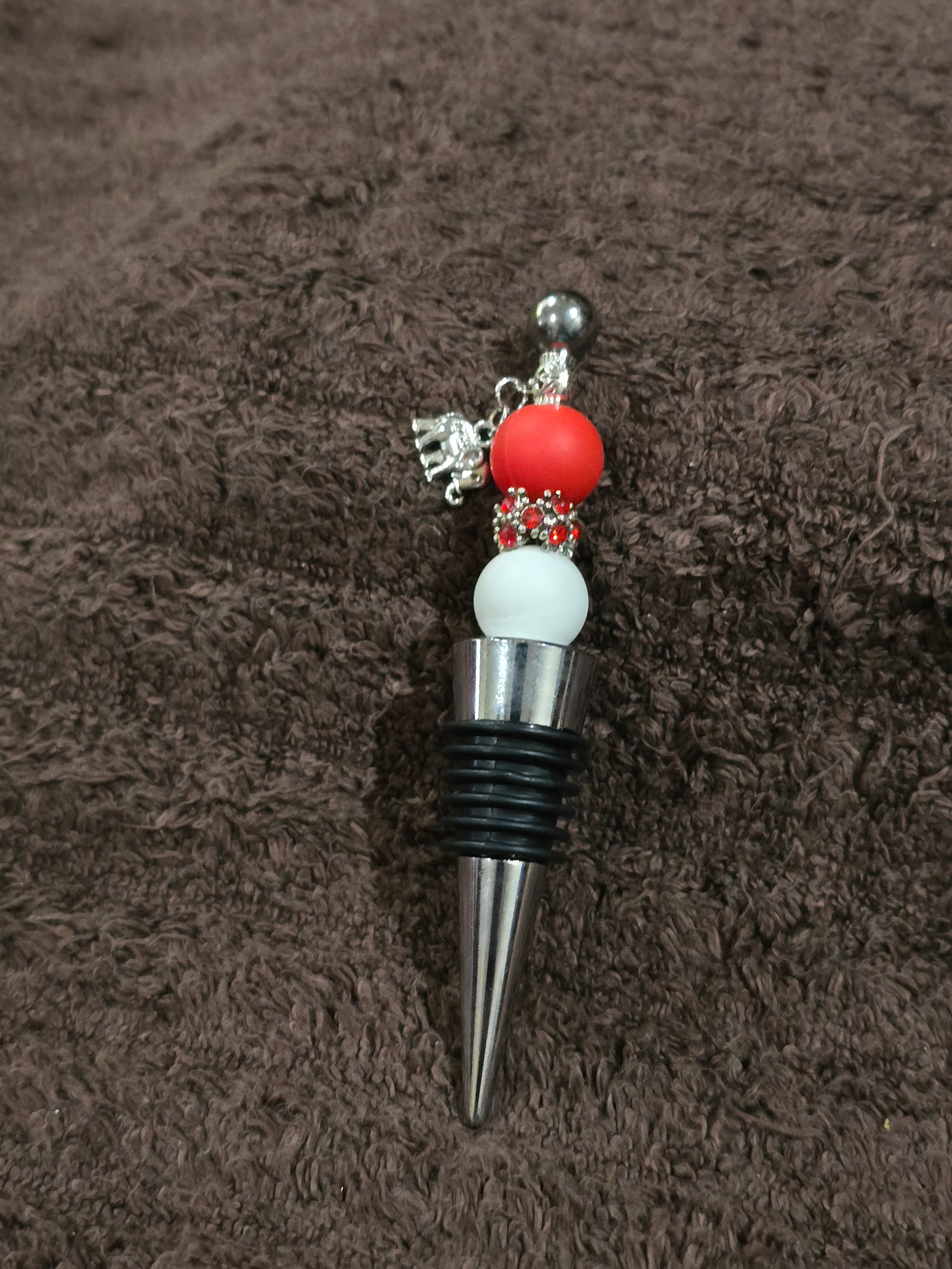 #39 Beaded "Red & White Elephant" Wine Stopper
