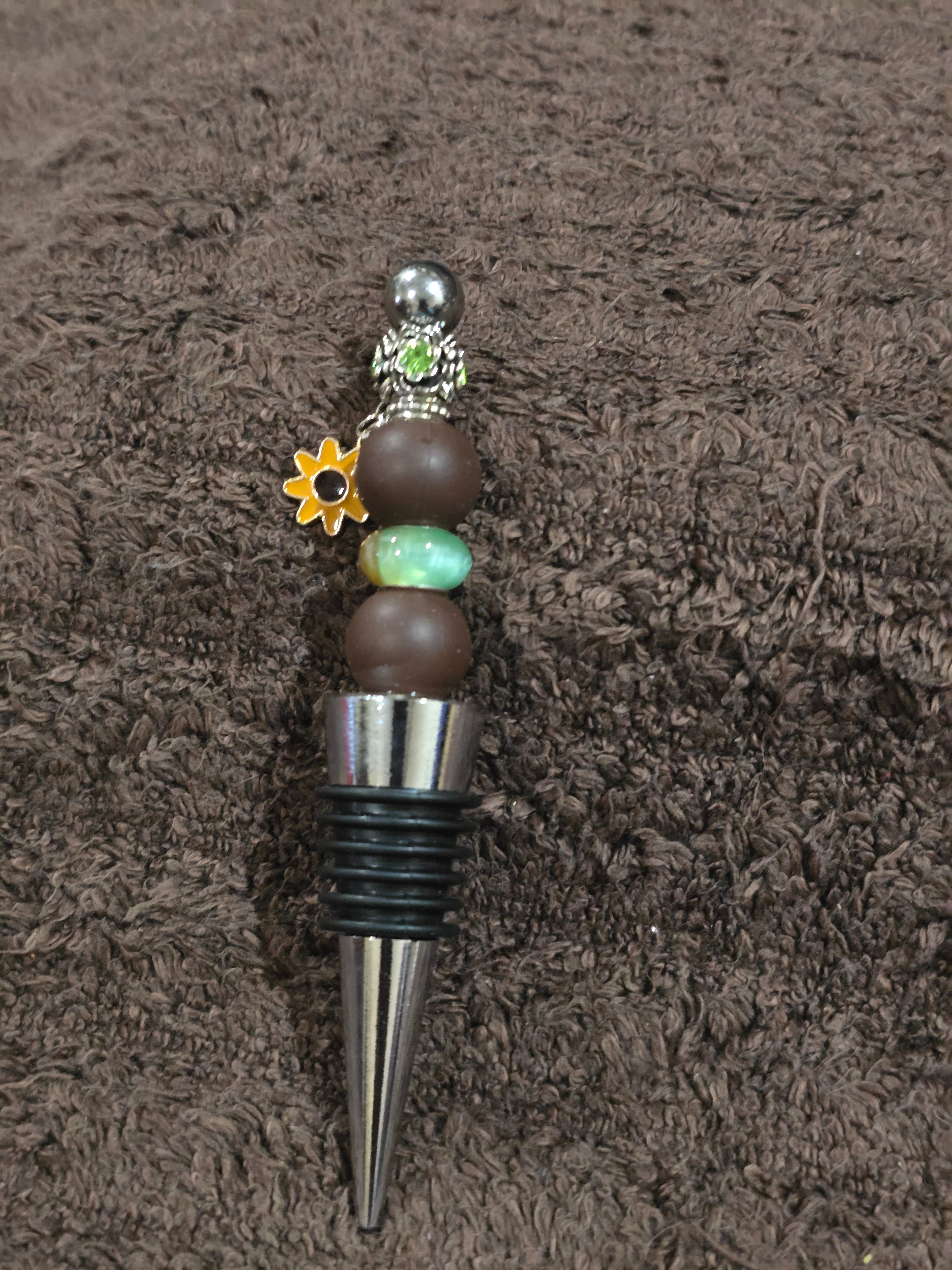 #42 Beaded "Turquoise & Brown Sunflower" Wine Stopper