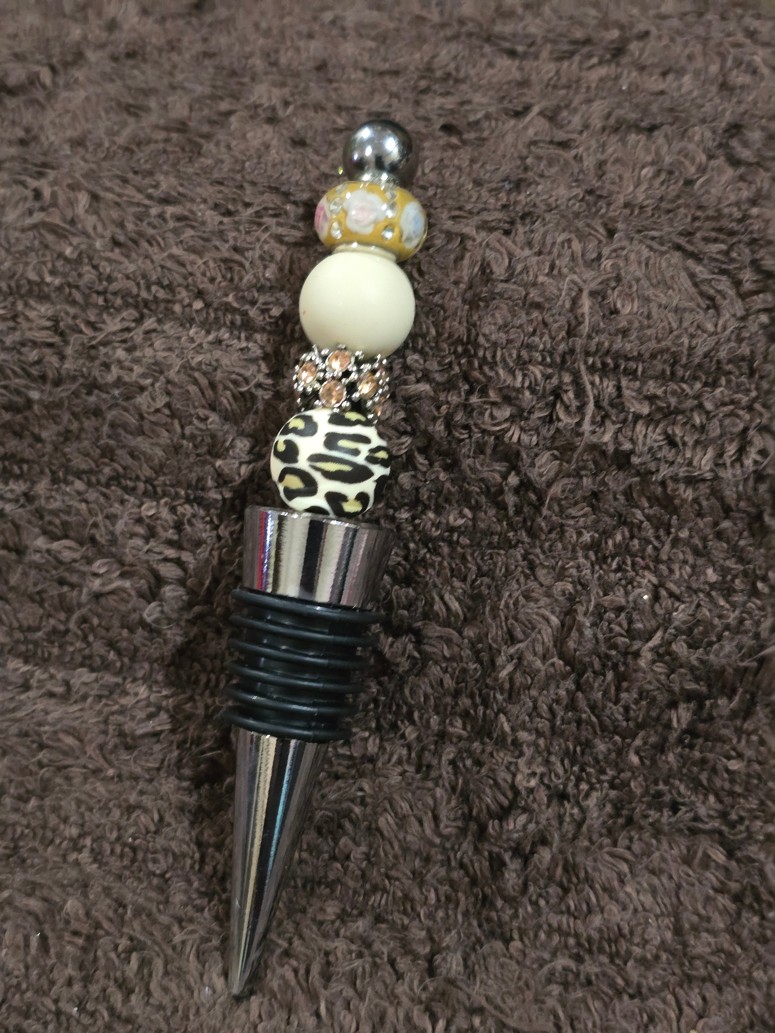 #48 Beaded "Ivory, Cream & Soft Pink" Leopard" Wine Stopper