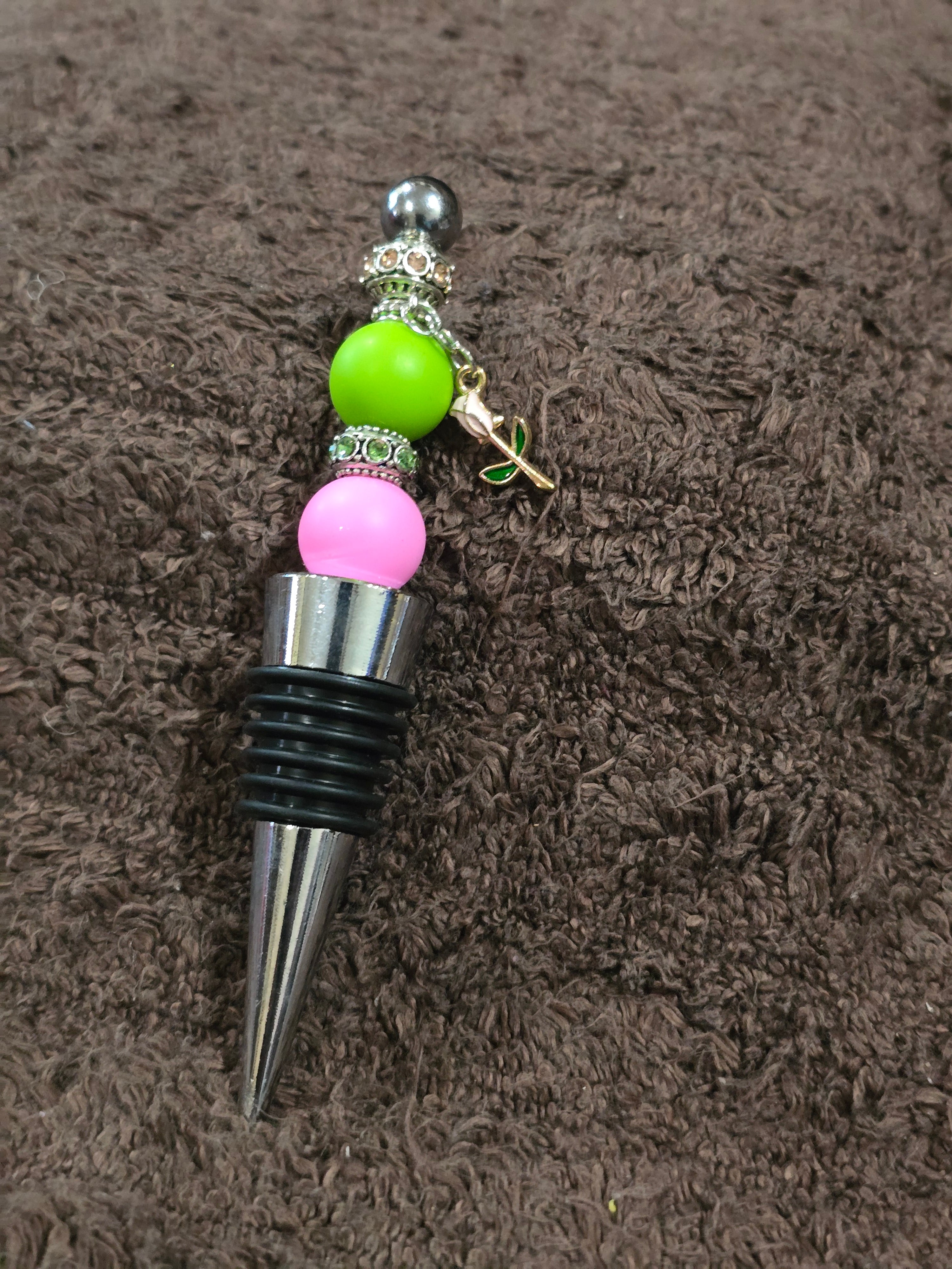 #55 Beaded "Pink & Navy Butterfly" Wine Stopper