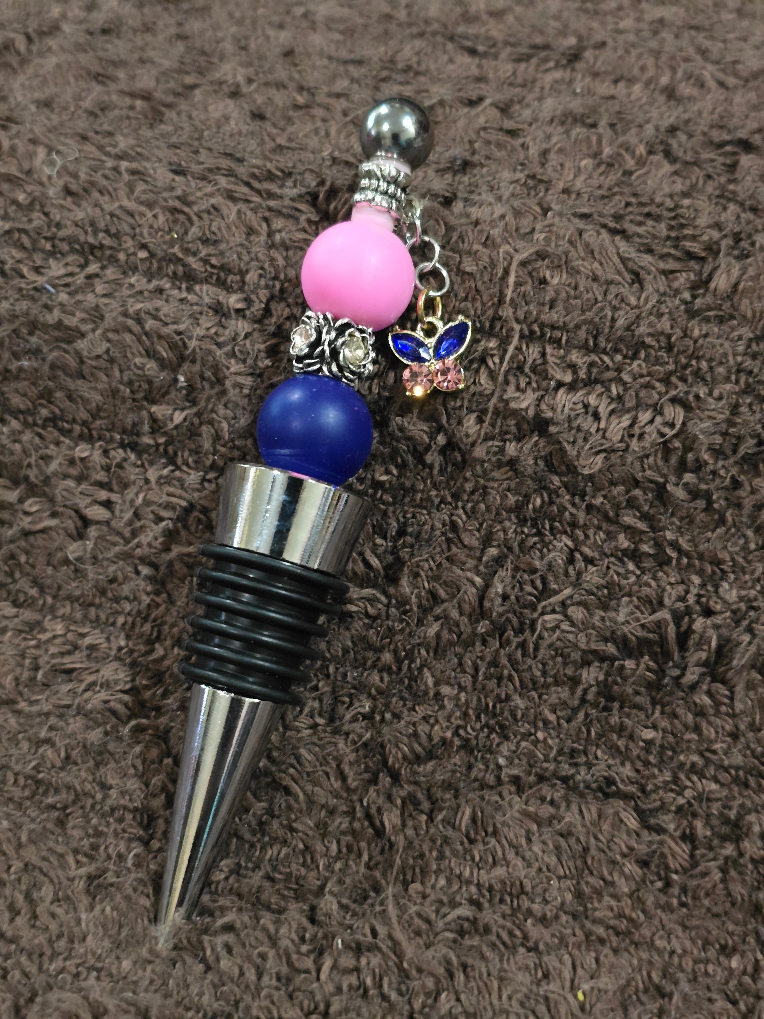 #56 Beaded "Pink & Navy Butterfly" Wine Stopper