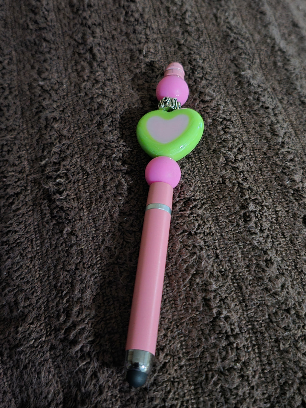 #64 Beaded "Pink & Green Heart" Stylus/Ink Pen