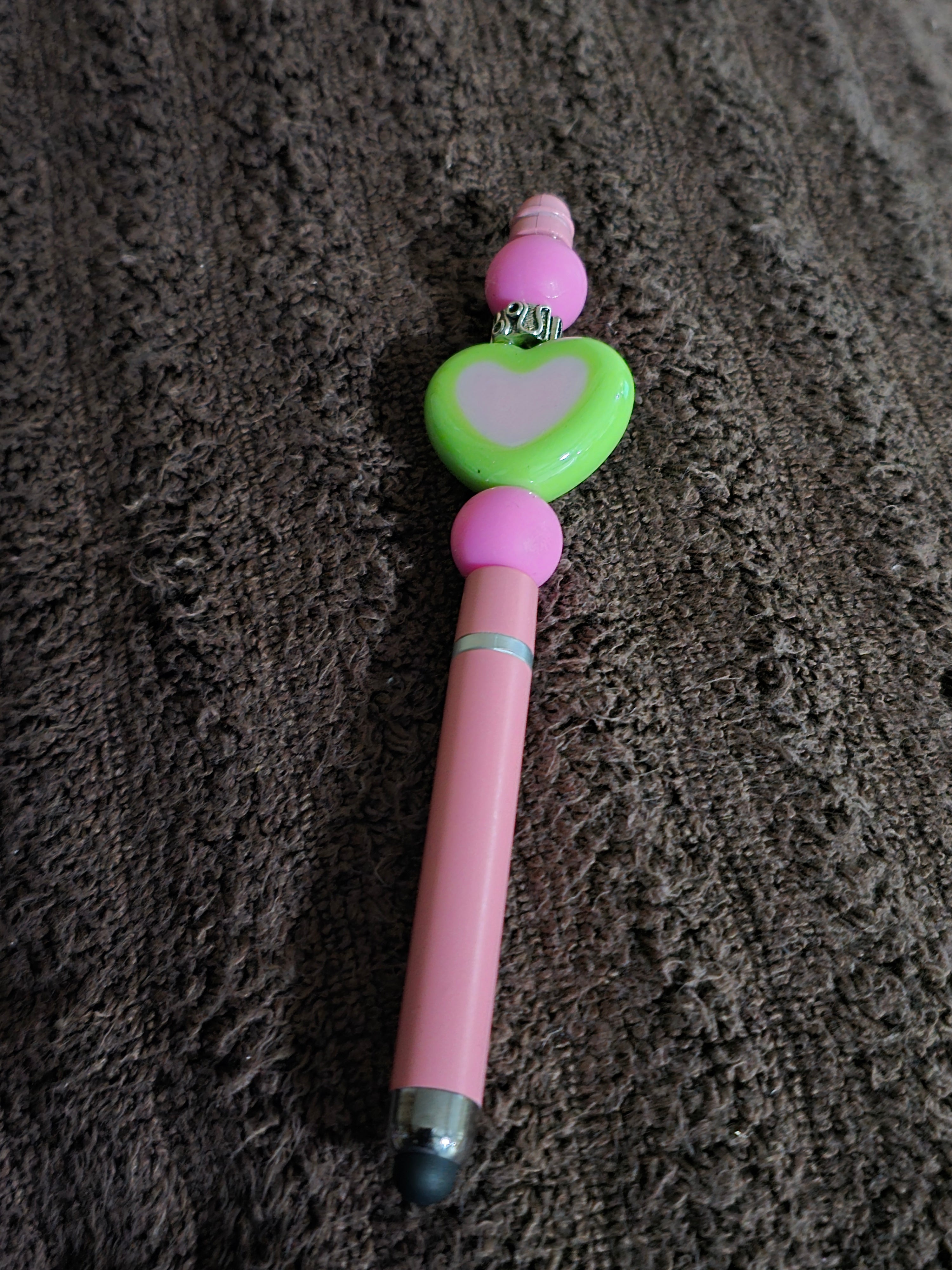 #64 Beaded "Pink & Green Heart" Stylus/Ink Pen