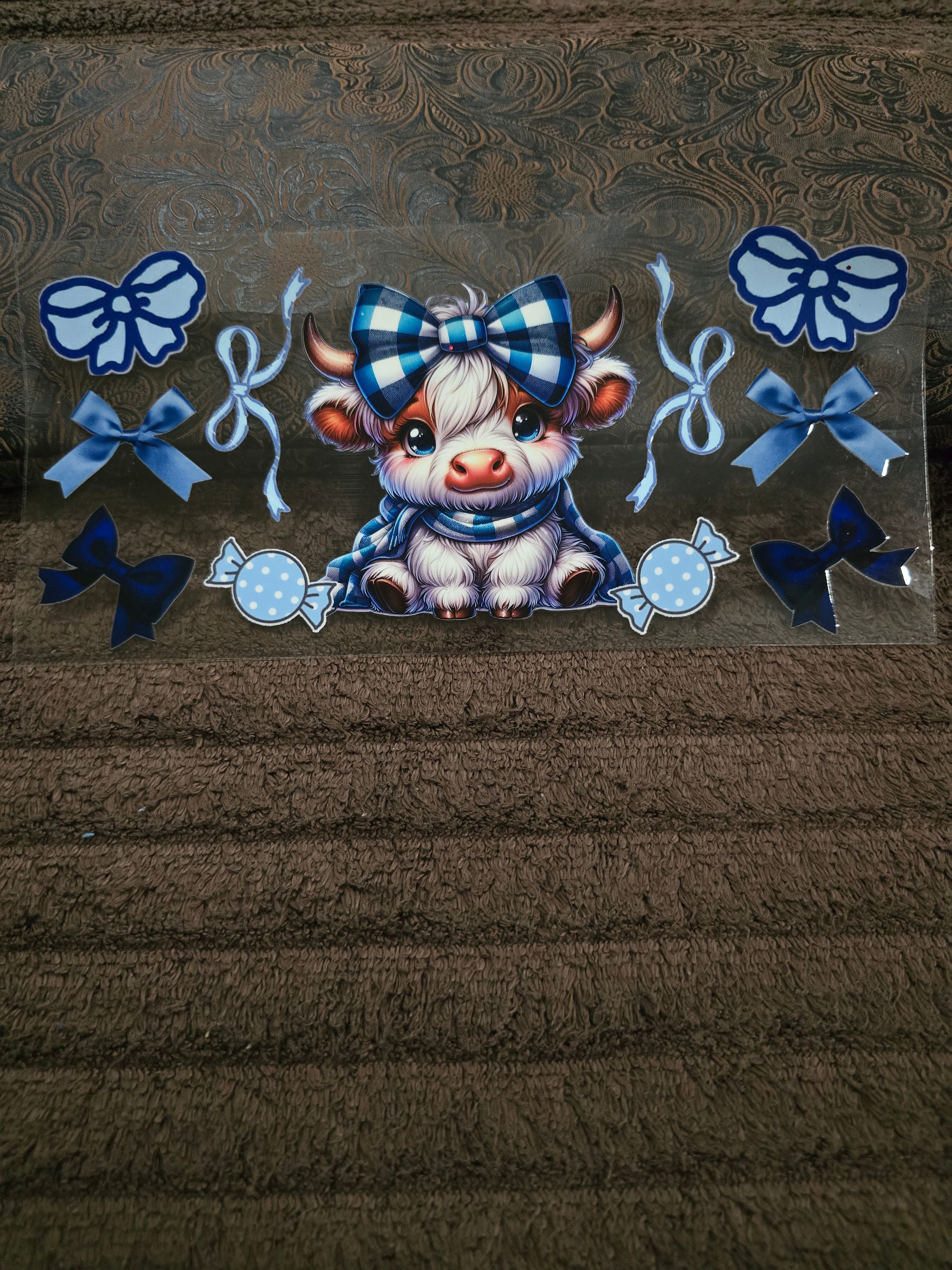 #146 "Blue Plaid Highland Cow" UVDTF Decal