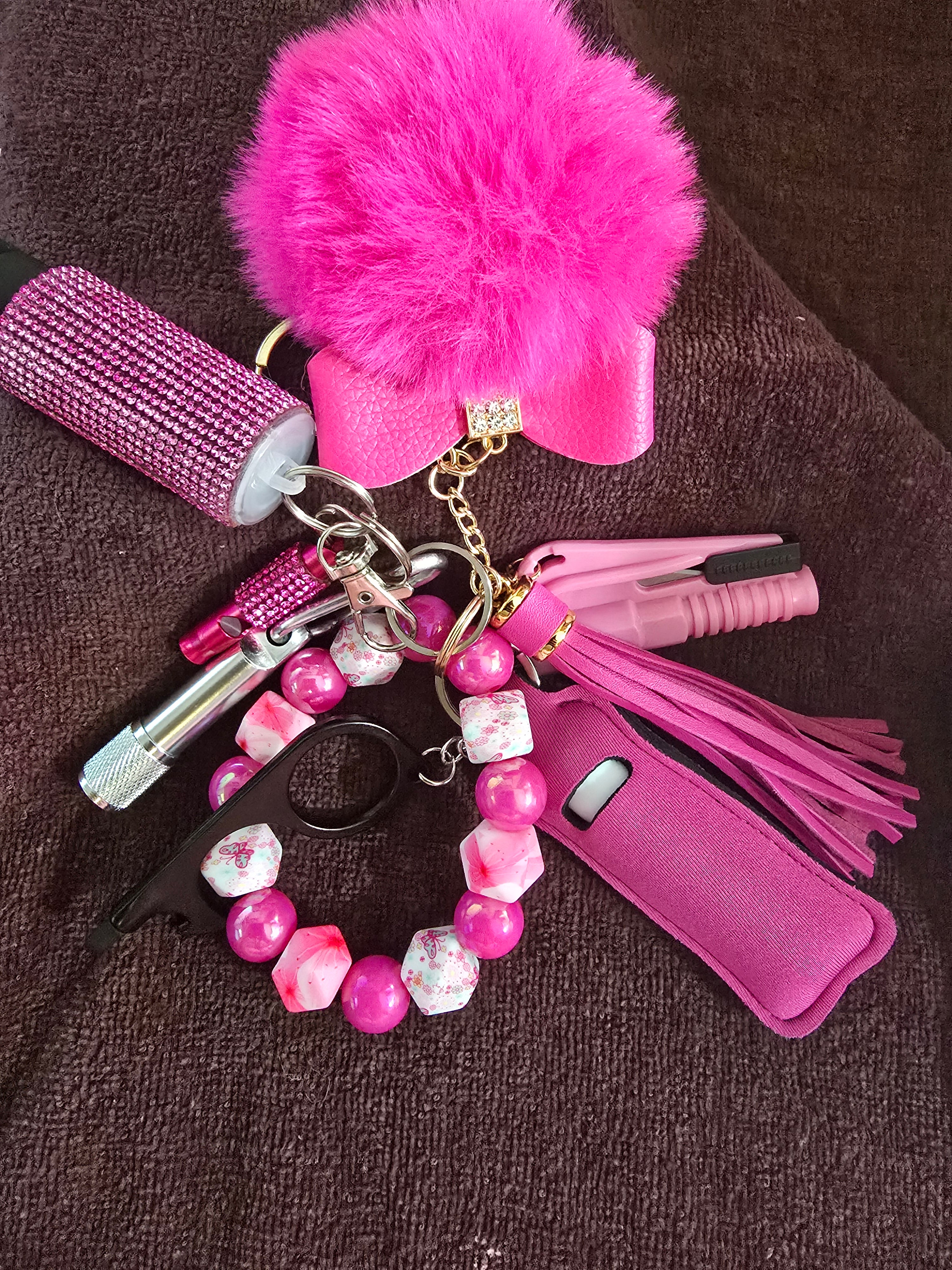#5 "Pink & White” Beaded Safety Keychain