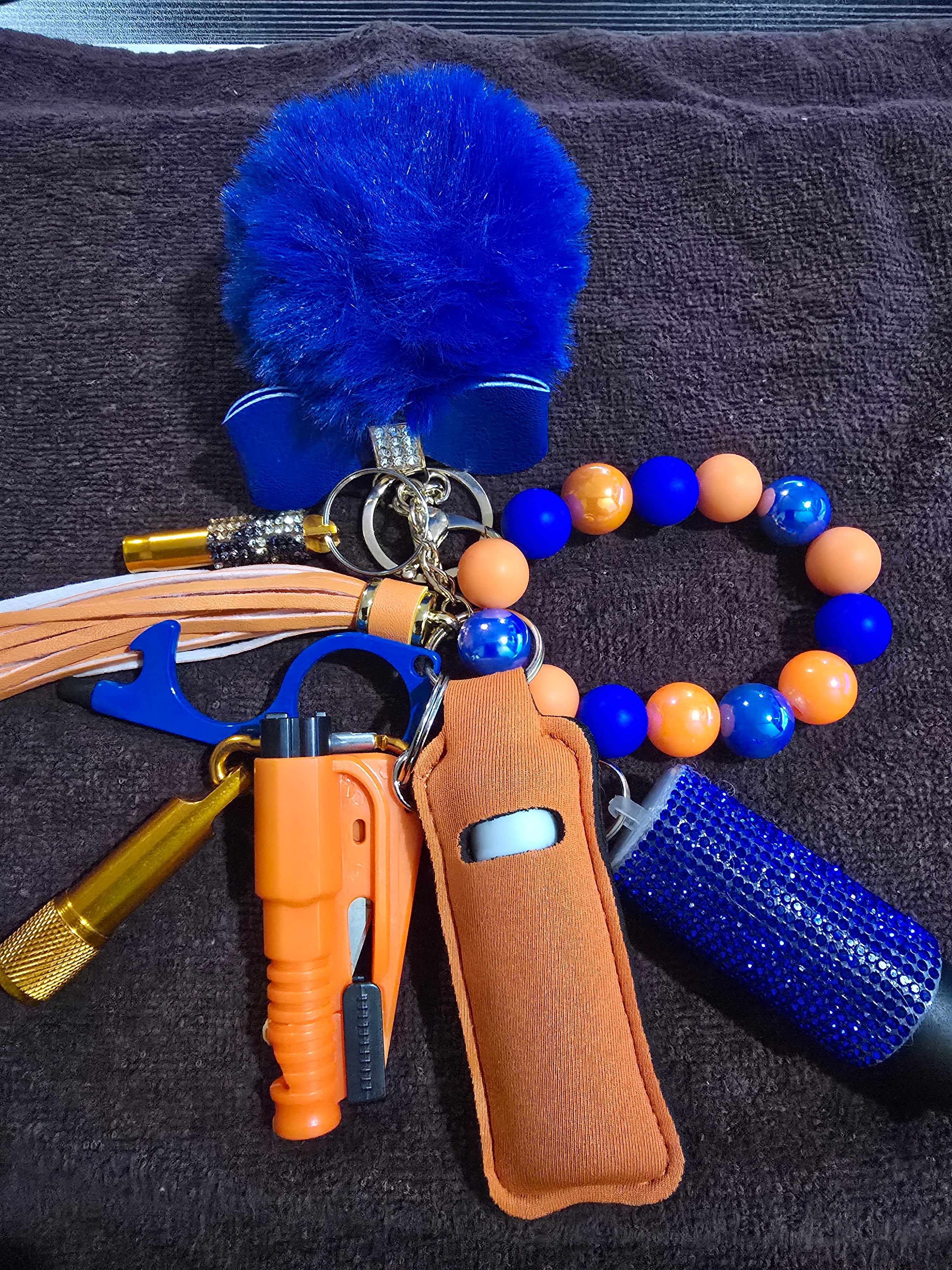 #7 Orange & Blue Rhinestone w/Bow” Beaded Safety Keychain