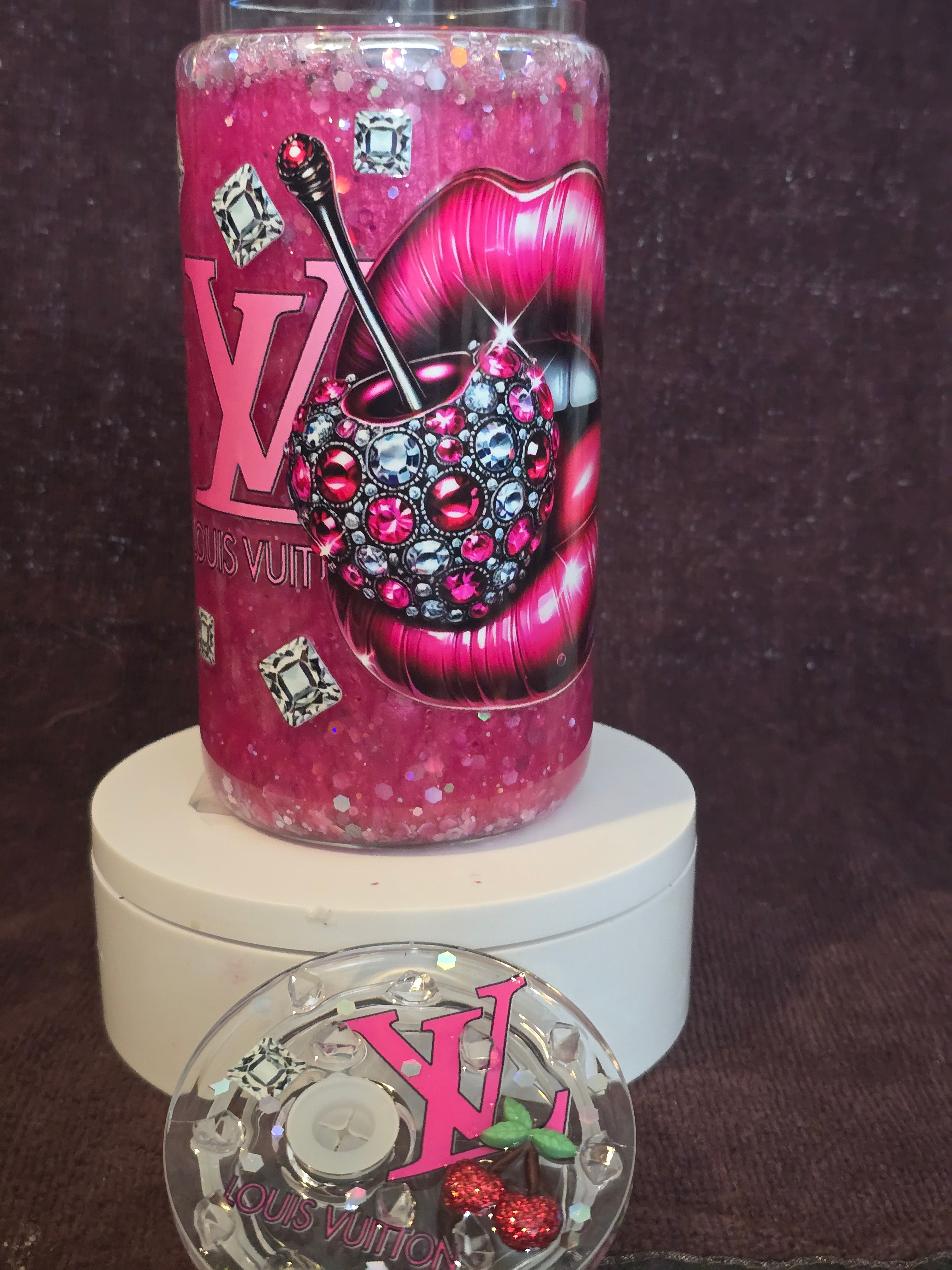 ✨ 16oz Glass Pink Glam Cherry Lips Glow in The Dark Snow Globe Tumbler