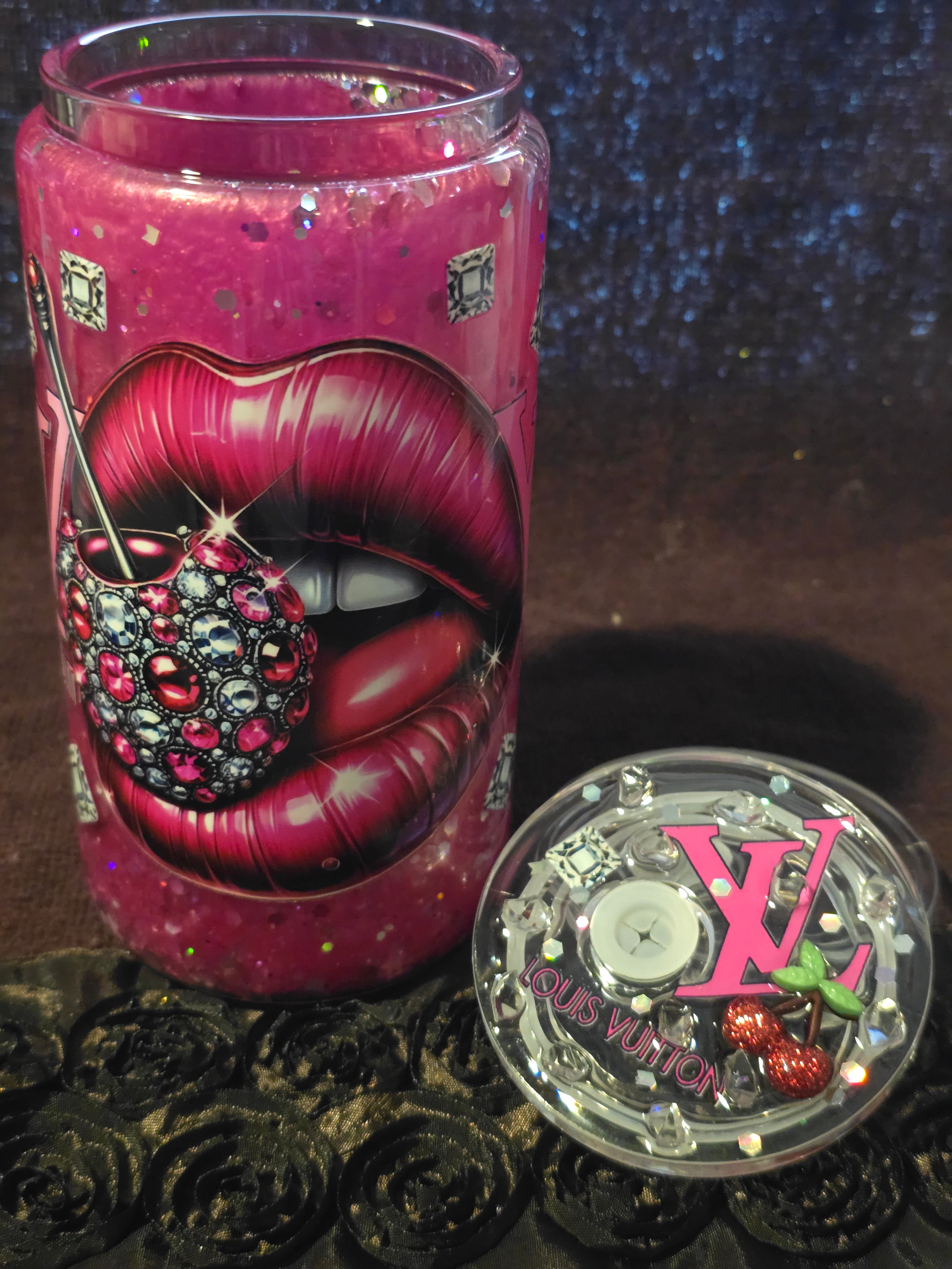 ✨ 16oz Glass Pink Glam Cherry Lips Glow in The Dark Snow Globe Tumbler