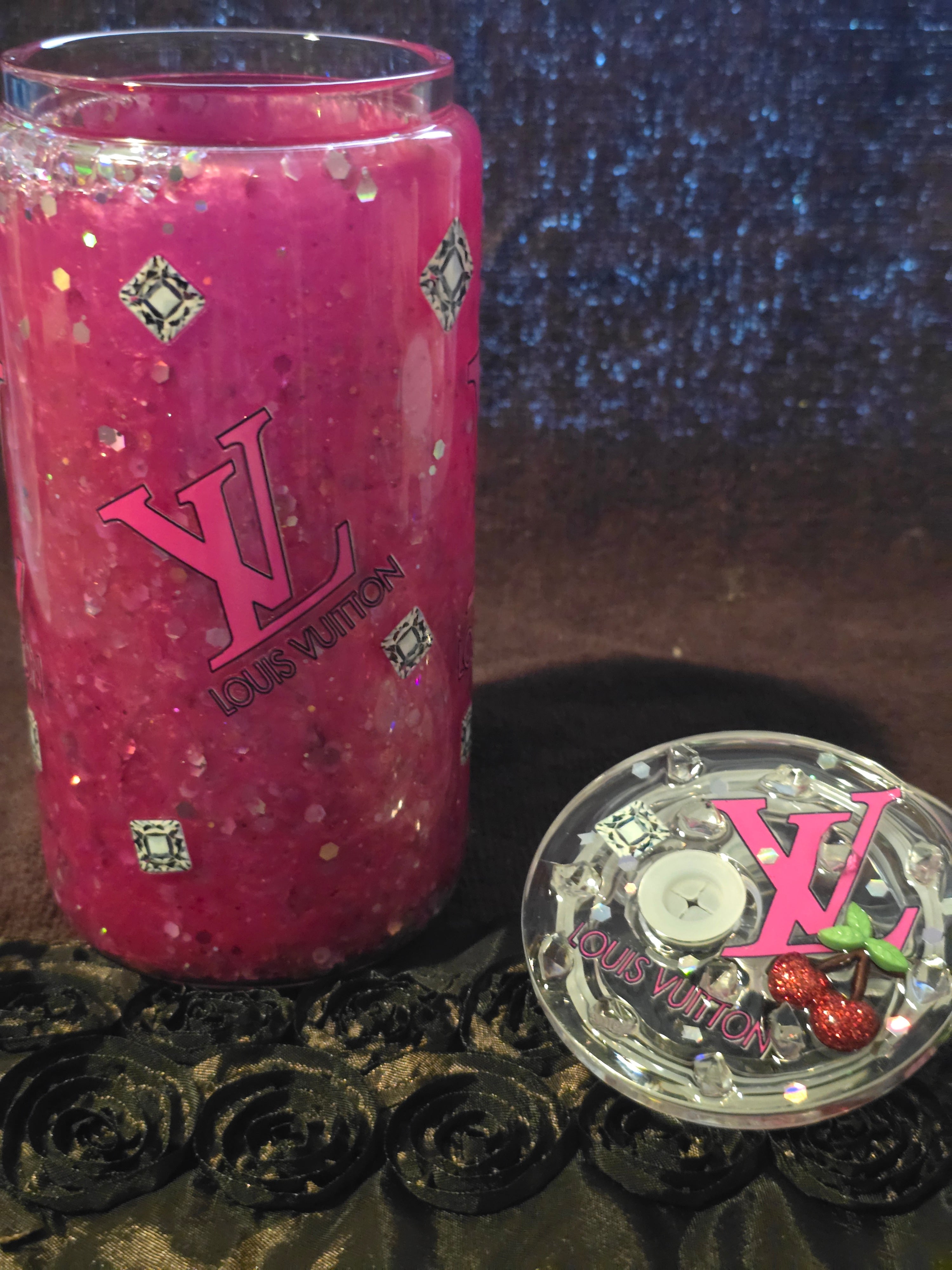 ✨ 16oz Glass Pink Glam Cherry Lips Glow in The Dark Snow Globe Tumbler
