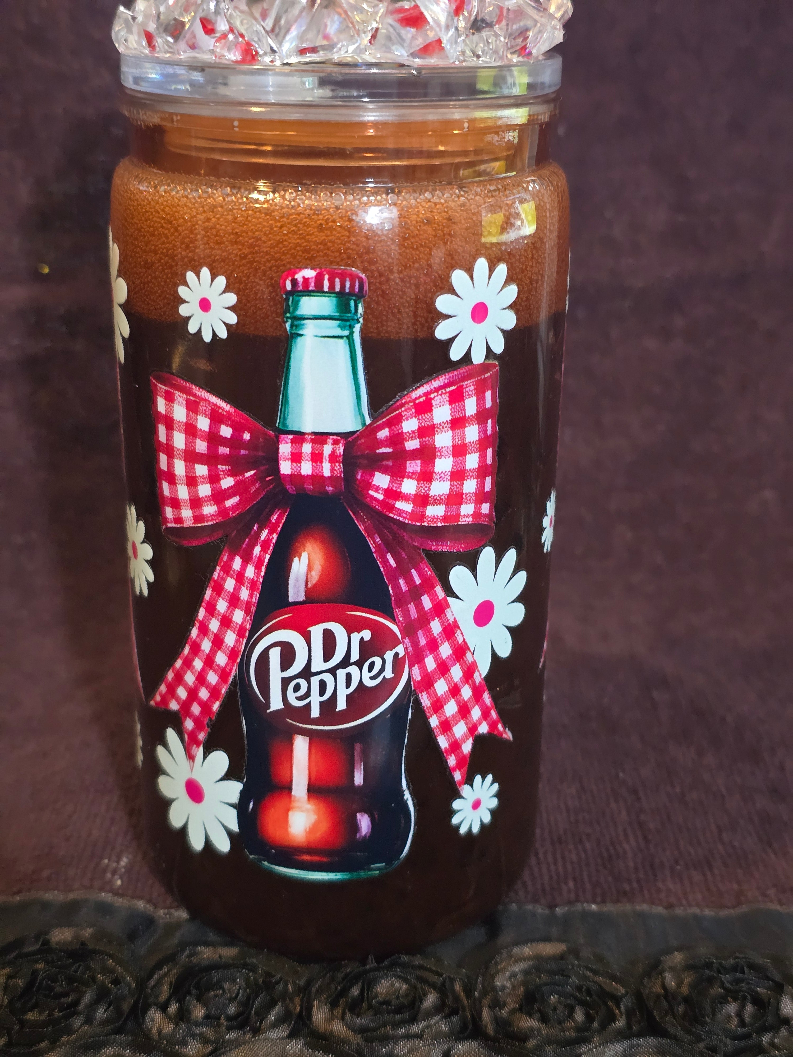 16 oz Acrylic Dr Pepper Gingham Bow & Daisy Snow Globe Tumbler