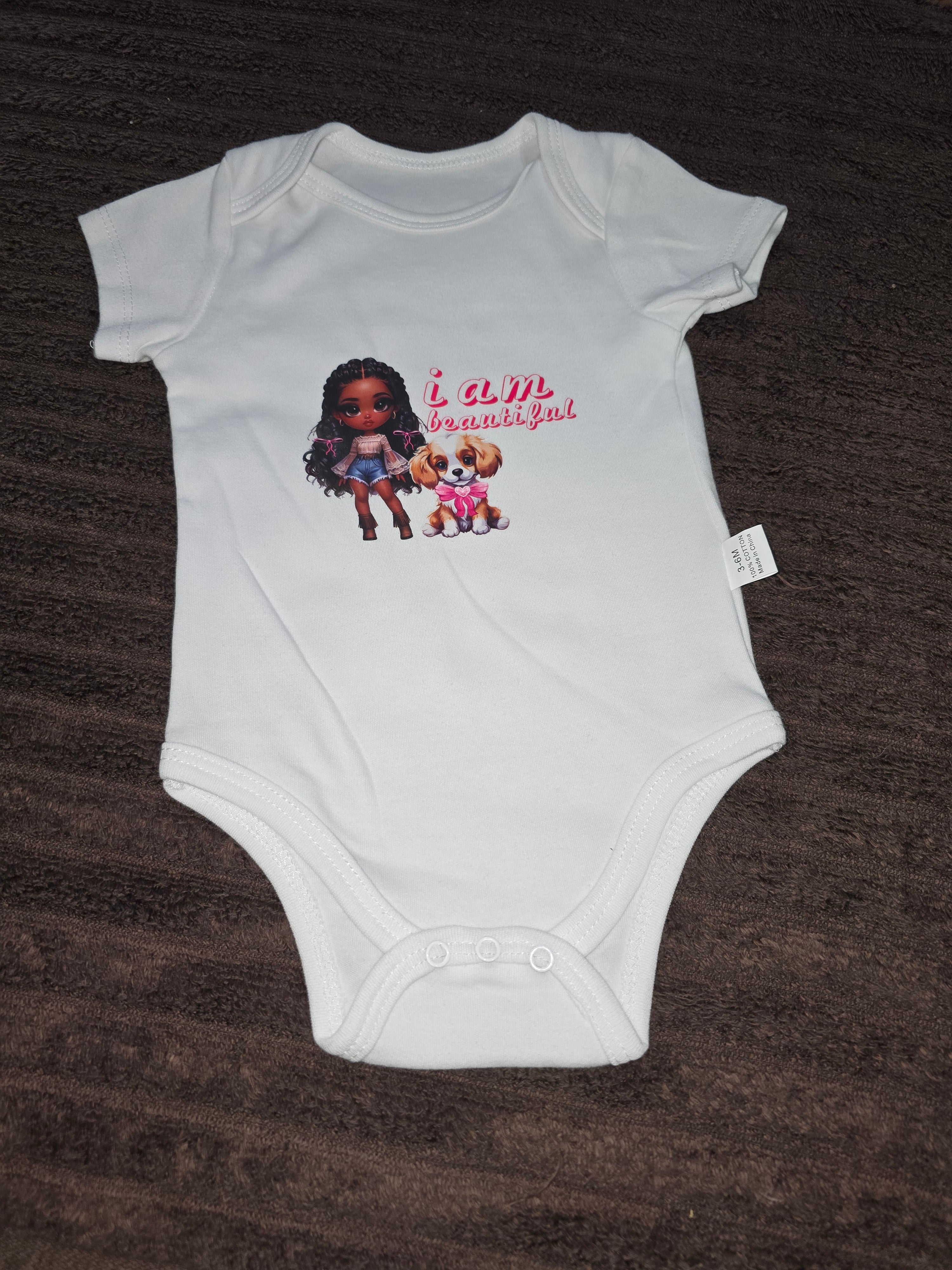 "I Am Beautiful" Cute Girl & Puppy Graphic Onesie