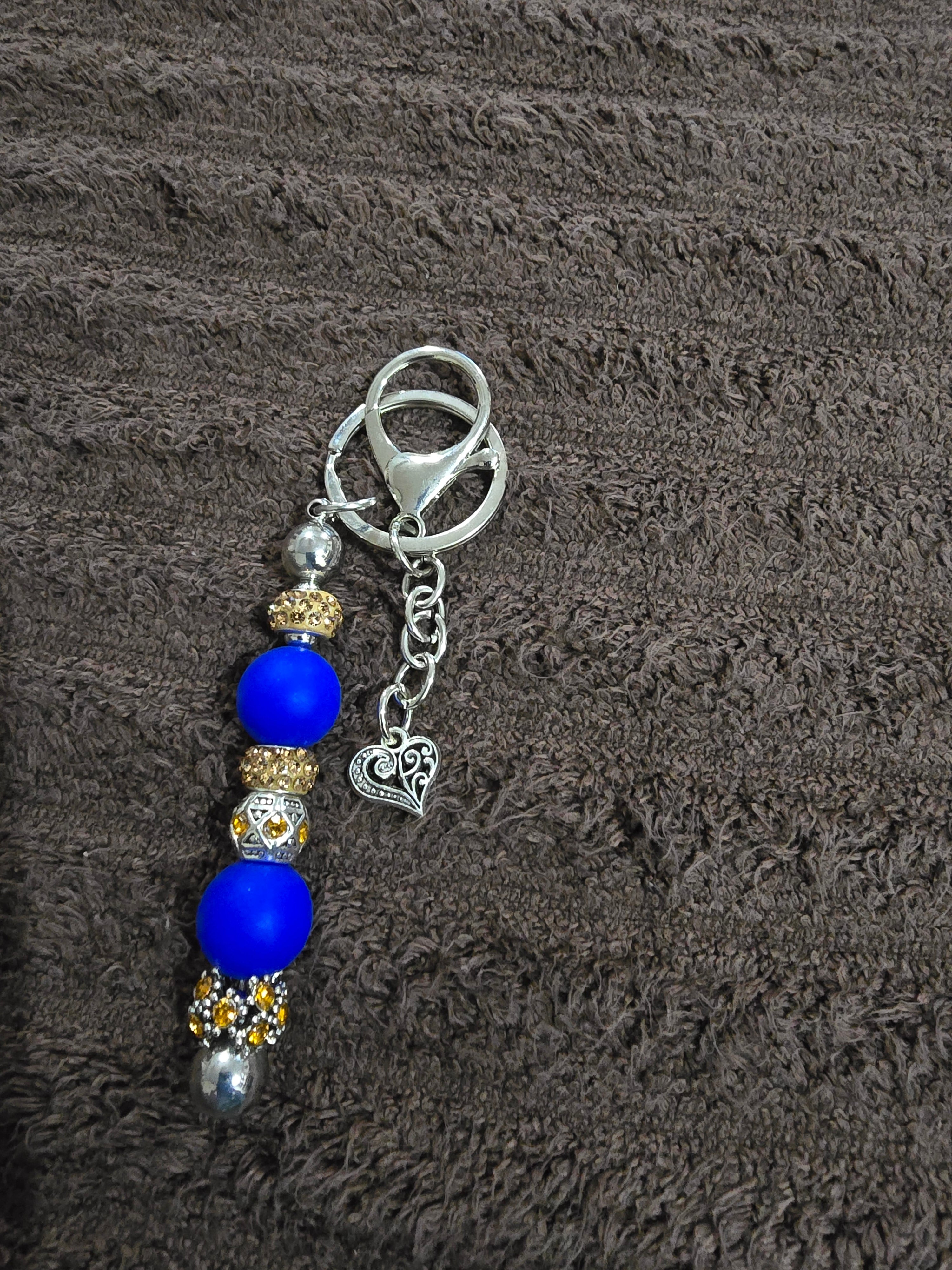 #03 Beaded "Blue & Gold Heart" Key Chain