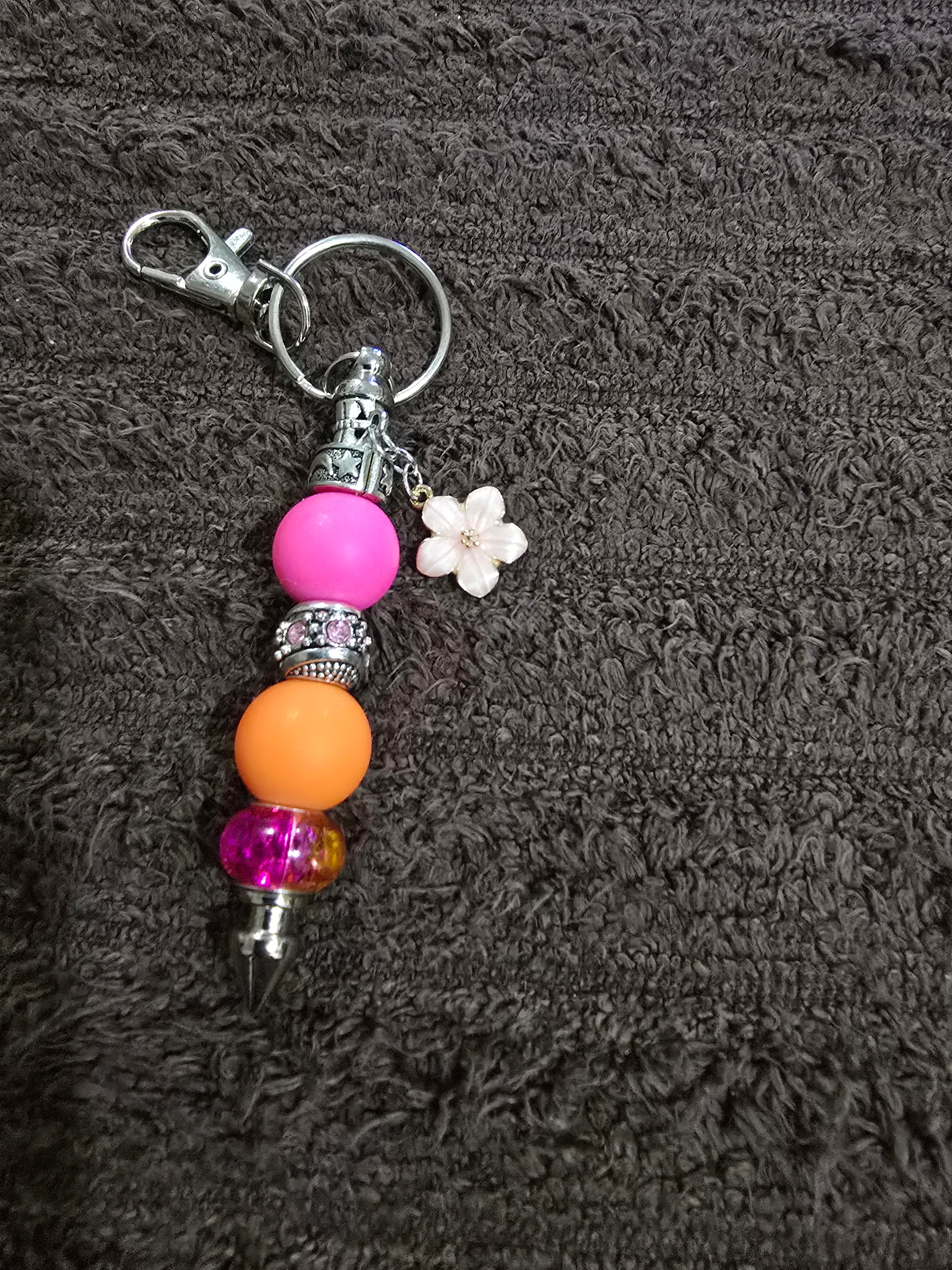 #07 Beaded "Hot Pink & Orange Floral " Key Chain