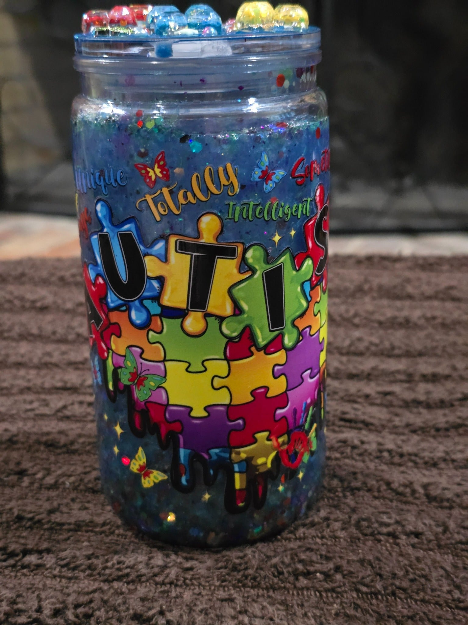 16oz Acrylic "Totally Intelligent Sometimes Mysterious Autism" Snow Globe Tumbler