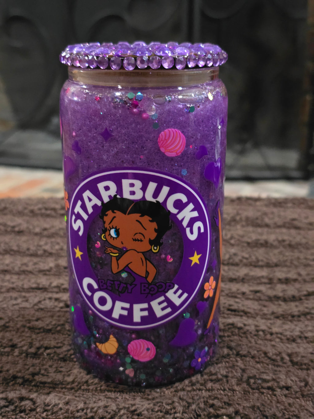 16oz Glass Purple & White "Coffee Girl" Snow Globe Tumbler