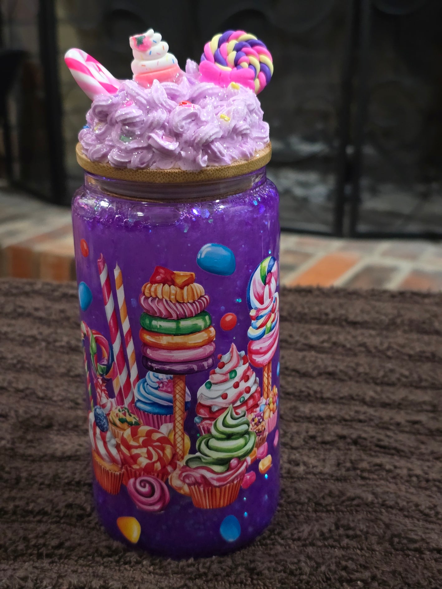 16oz Glass "Purple Cup Cake" Snow Globe Mug Tumbler
