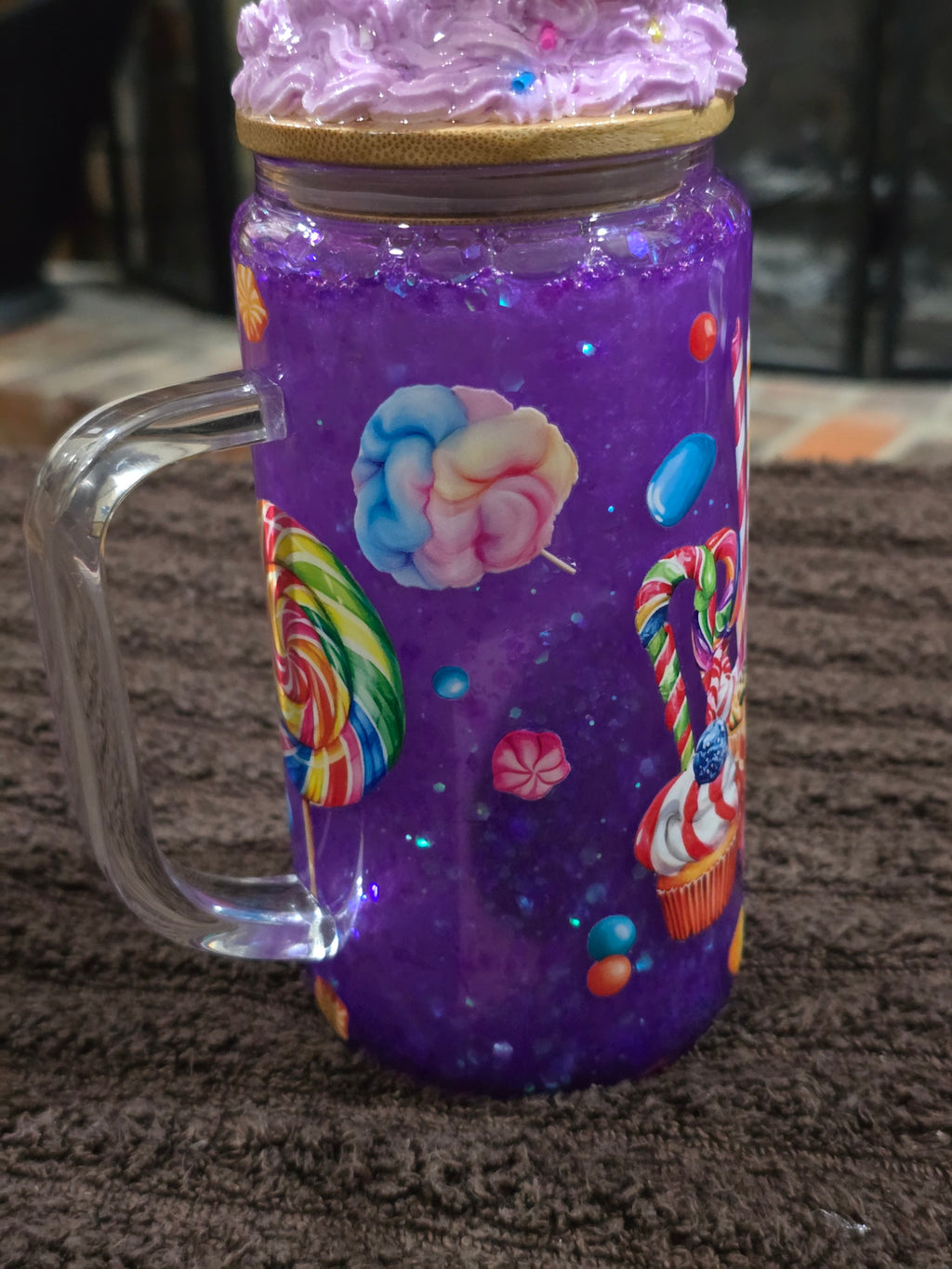 16oz Glass "Purple Cup Cake" Snow Globe Mug Tumbler