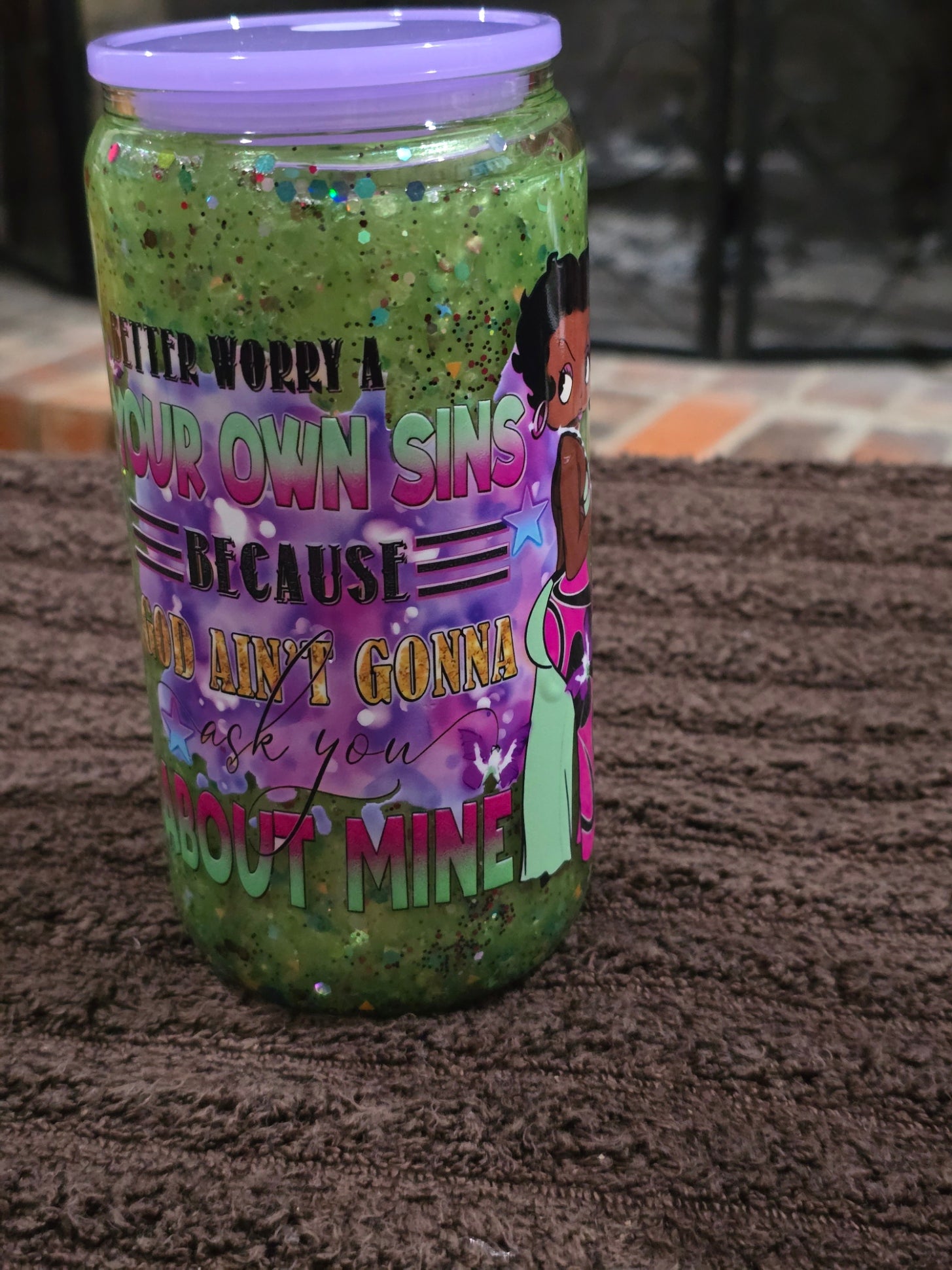 16oz Glass "Worry About Your Own Sins Brown Girl" Snow Globe Tumbler
