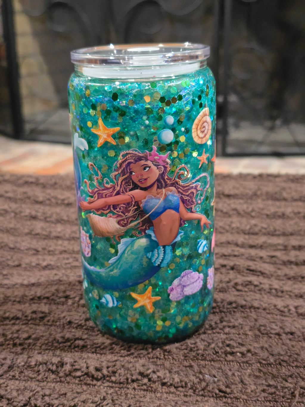 16oz Glass "Under the Sea African American Mermaid" Snow Globe Tumbler
