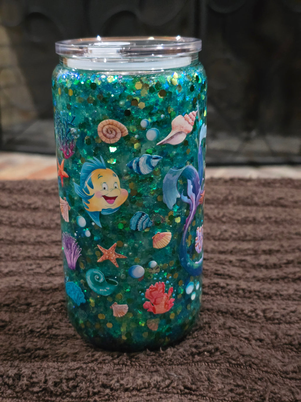 16oz Glass "Under the Sea African American Mermaid" Snow Globe Tumbler