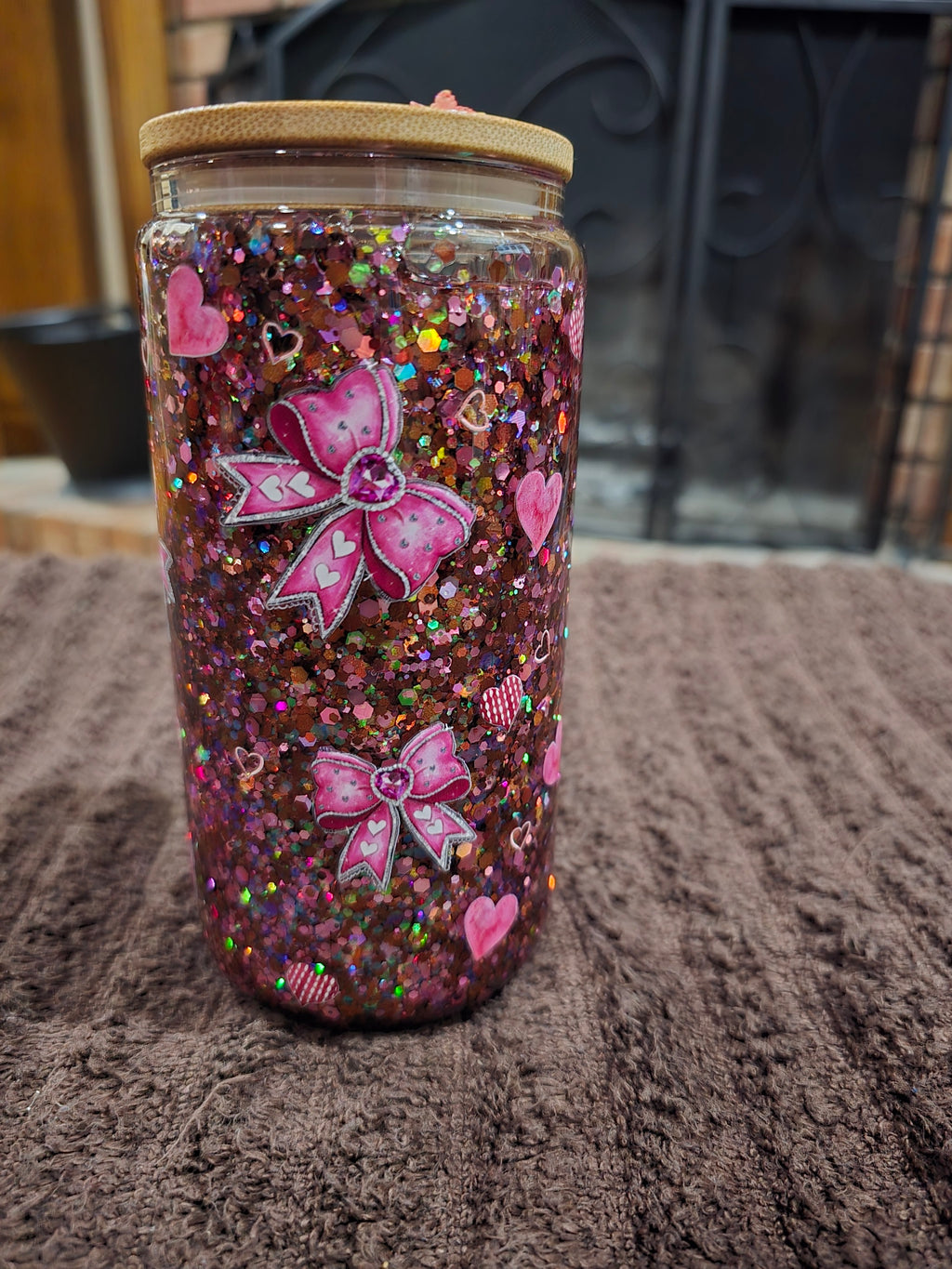 16oz Glass ""Baby Cow Pink & Brown" Snow Globe Tumbler