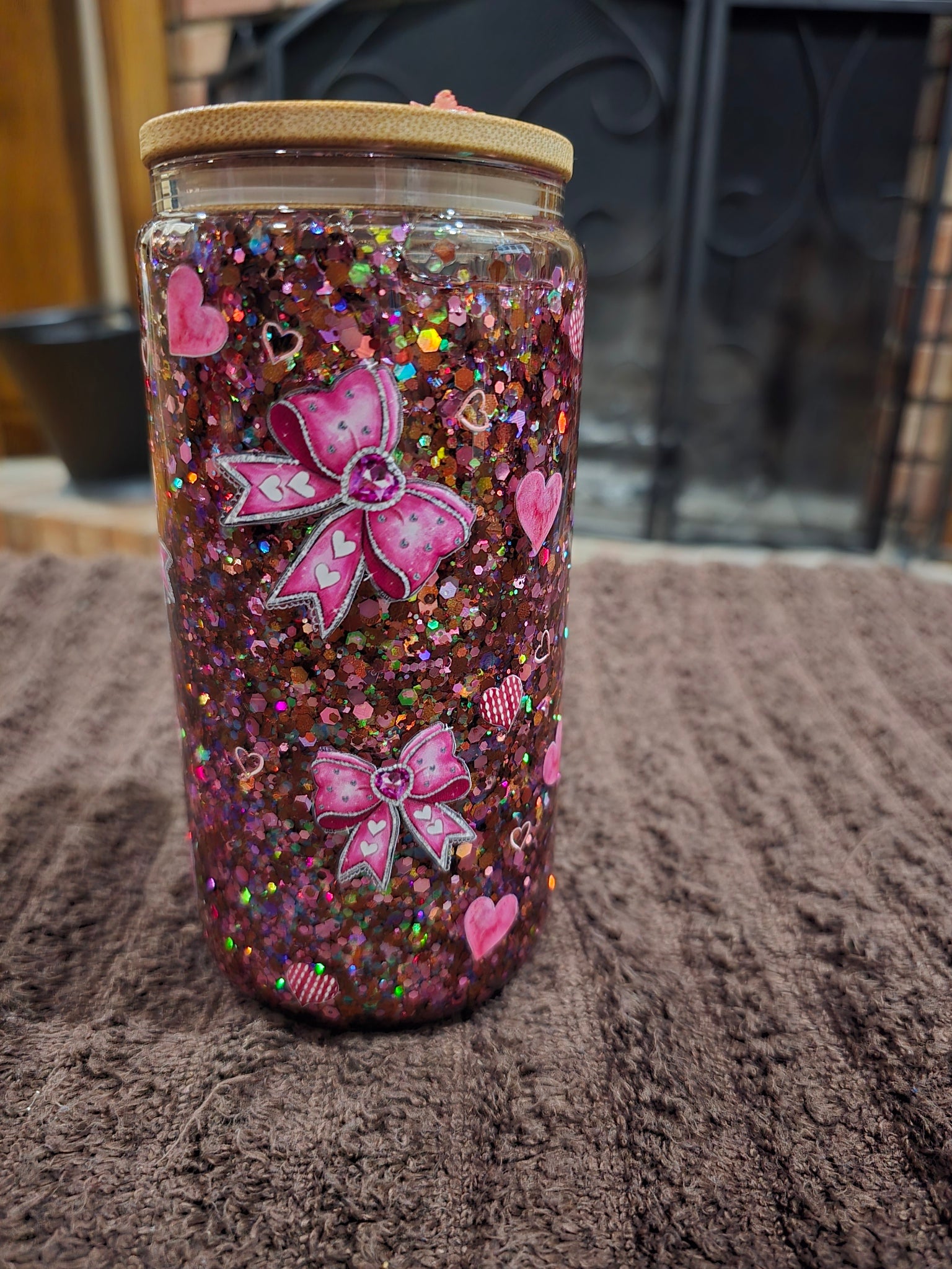 16oz Glass ""Baby Cow Pink & Brown" Snow Globe Tumbler