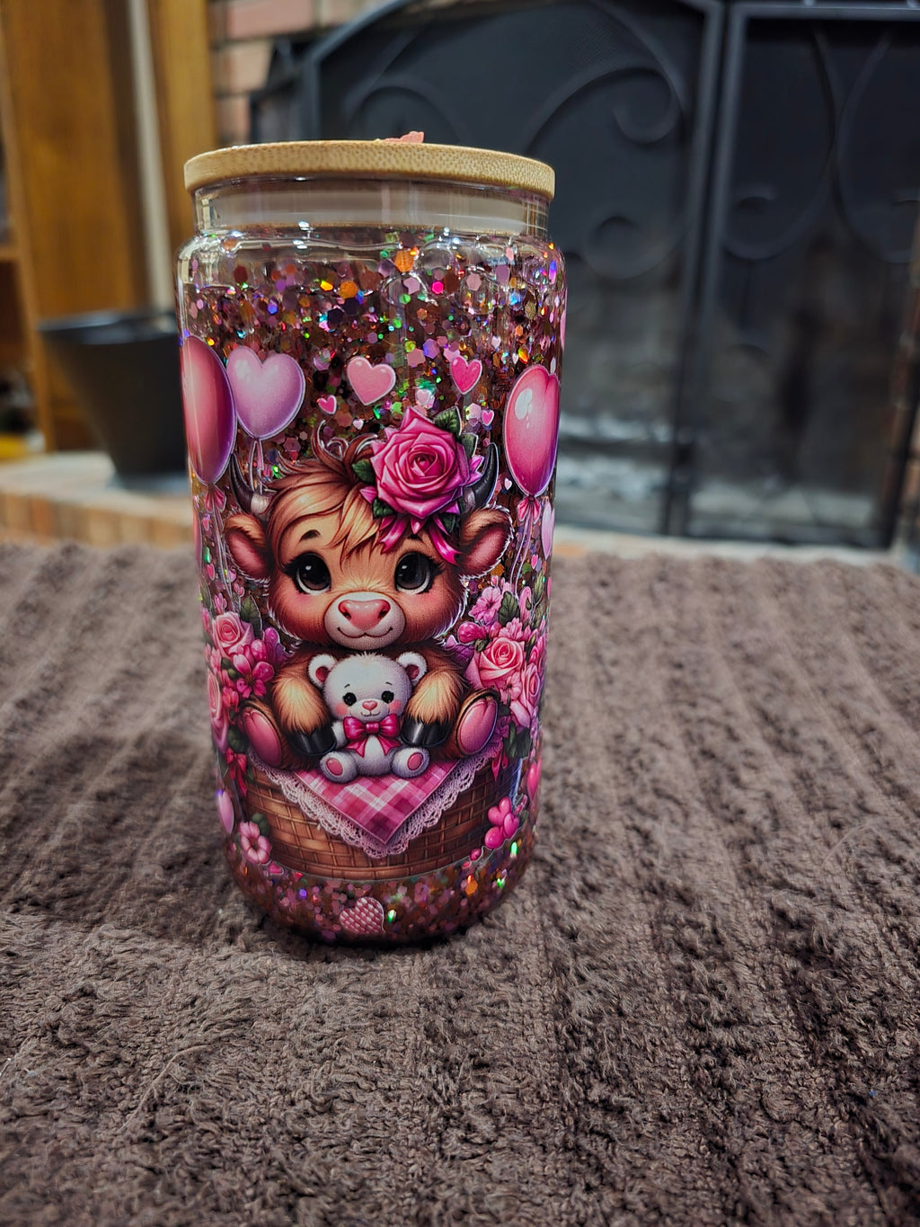 16oz Glass ""Baby Cow Pink & Brown" Snow Globe Tumbler